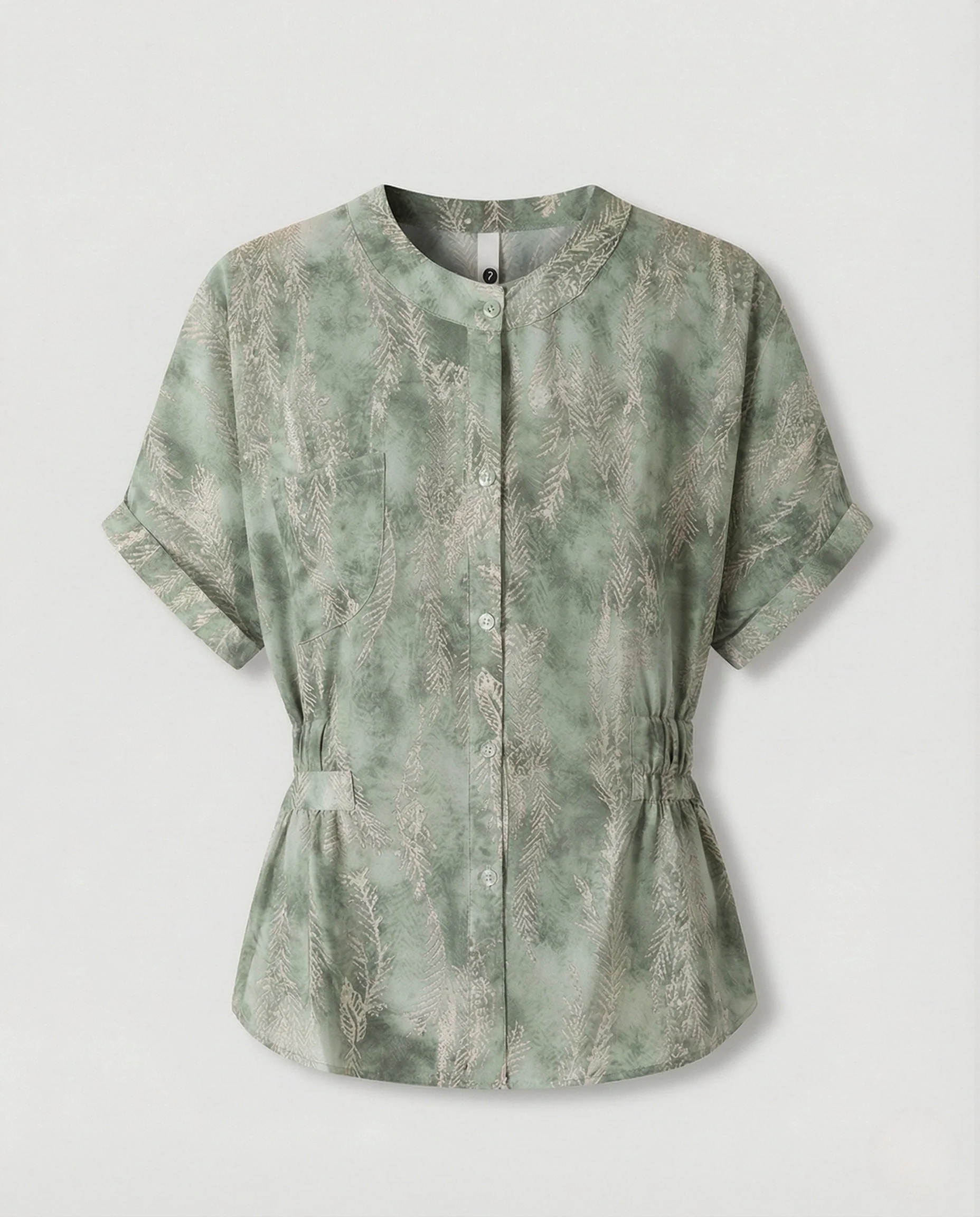 Kurzärmelige Bluse mit Stehkragen, durchgehender Knopfleiste, Taillenzug und großem Blattmotiv Heidi Mode - Image 6