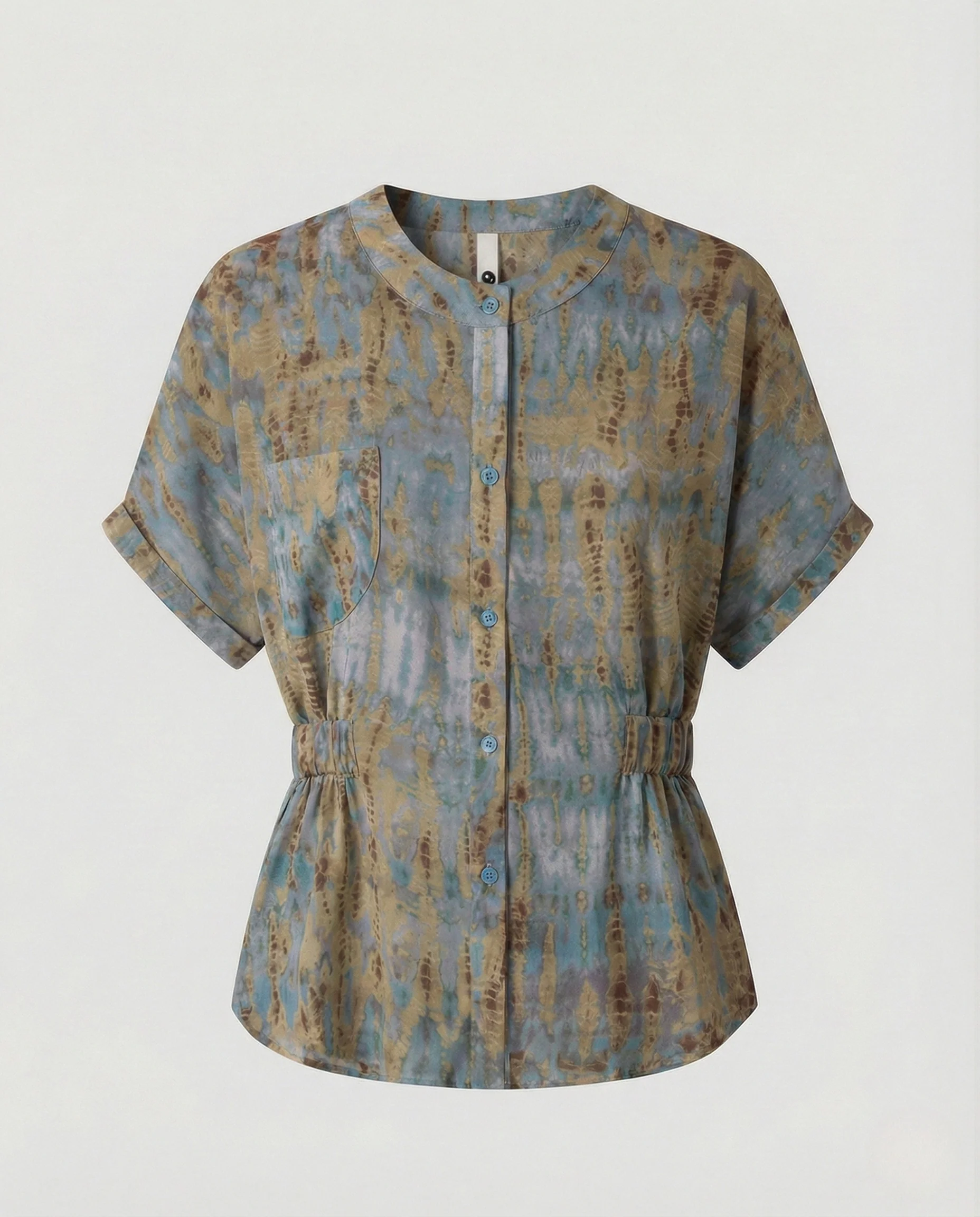 Kurzärmelige Bluse mit Stehkragen, durchgehender Knopfleiste, Taillenzug und großem Blattmotiv Heidi Mode - Image 7