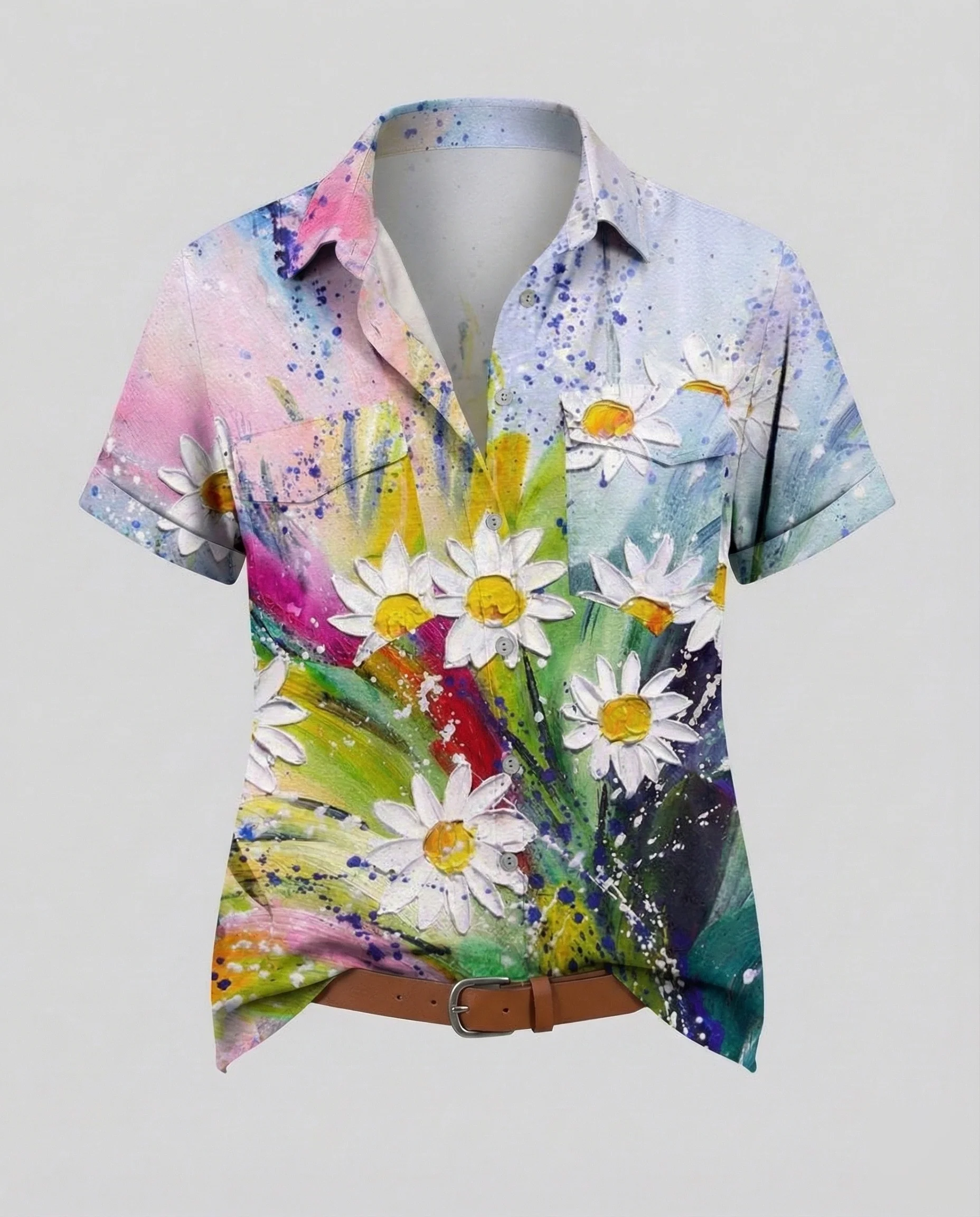 Kurzarm Hemdbluse Damen Aquarell Muster - Image 11