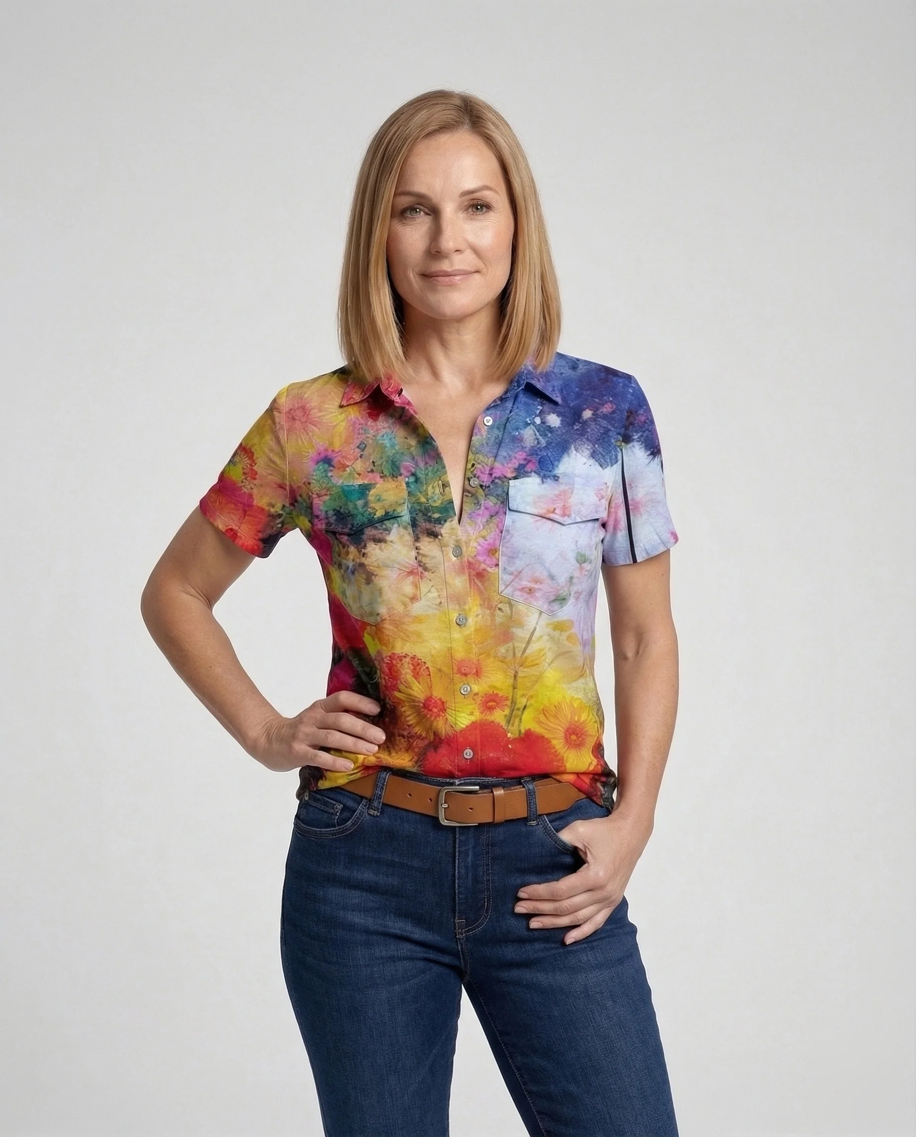 Kurzarm Hemdbluse Damen Aquarell Muster - Image 2