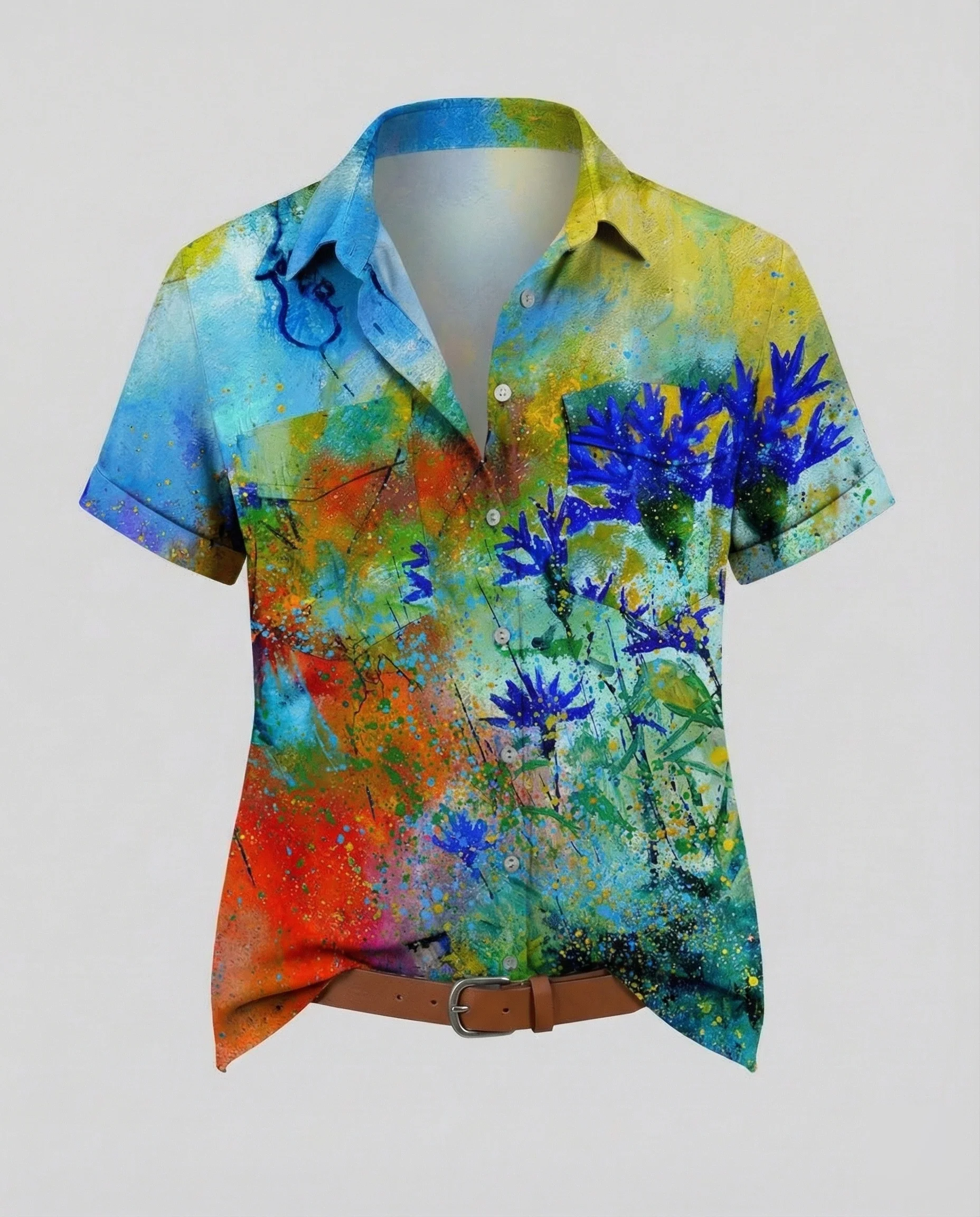 Kurzarm Hemdbluse Damen Aquarell Muster - Image 8