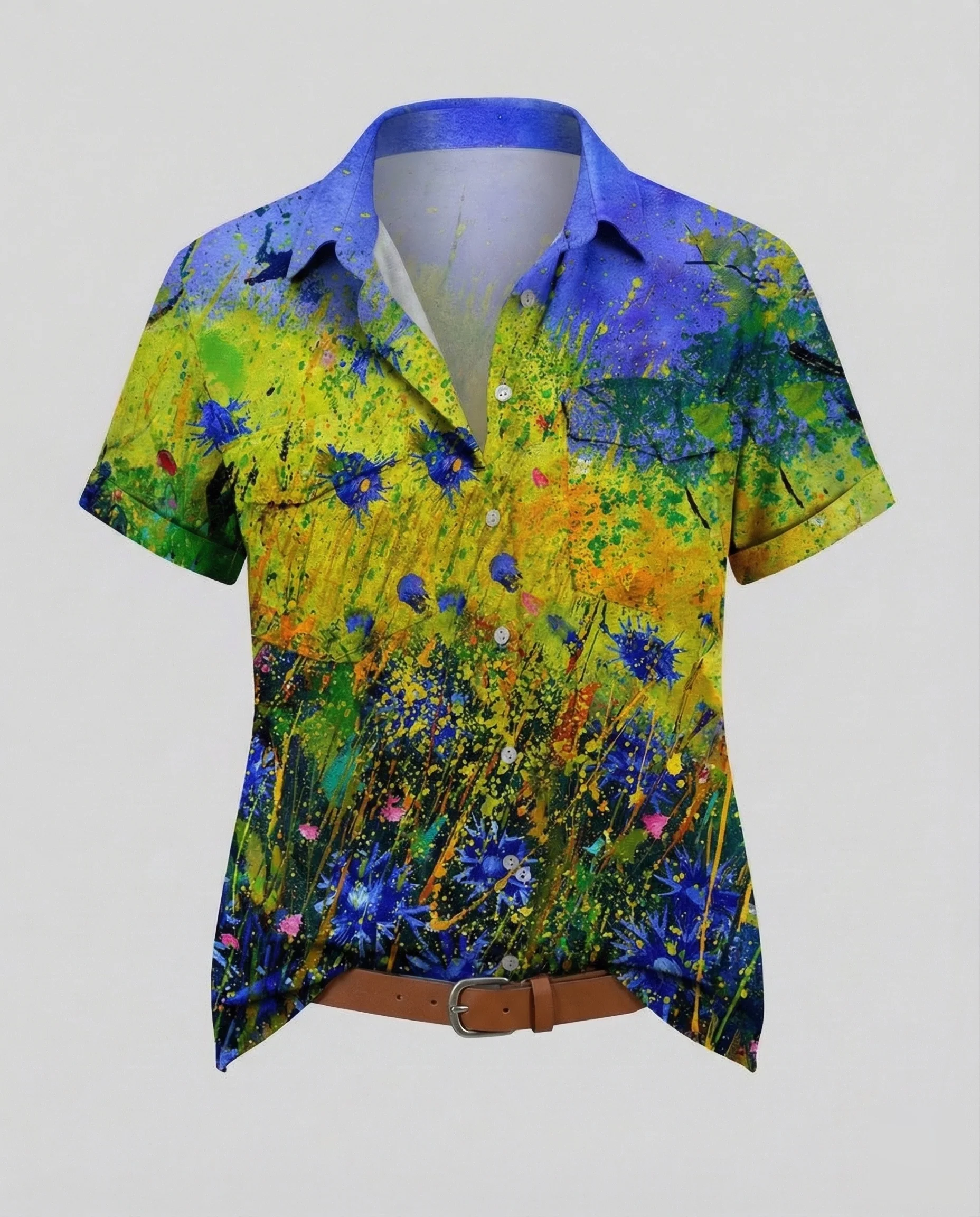 Kurzarm Hemdbluse Damen Aquarell Muster - Image 9
