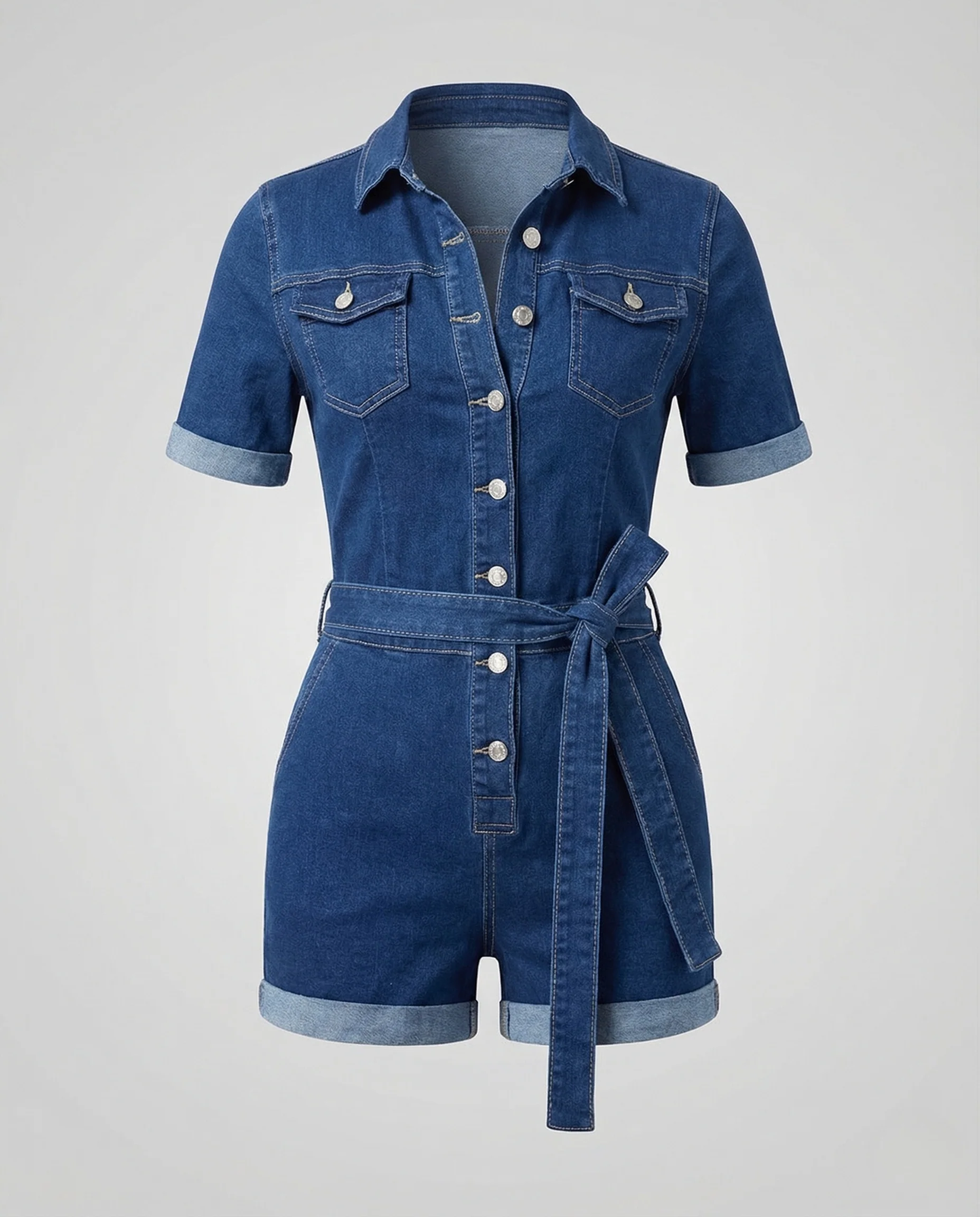 Damen Jeans Overall Kurzarm Gürtel - Image 4