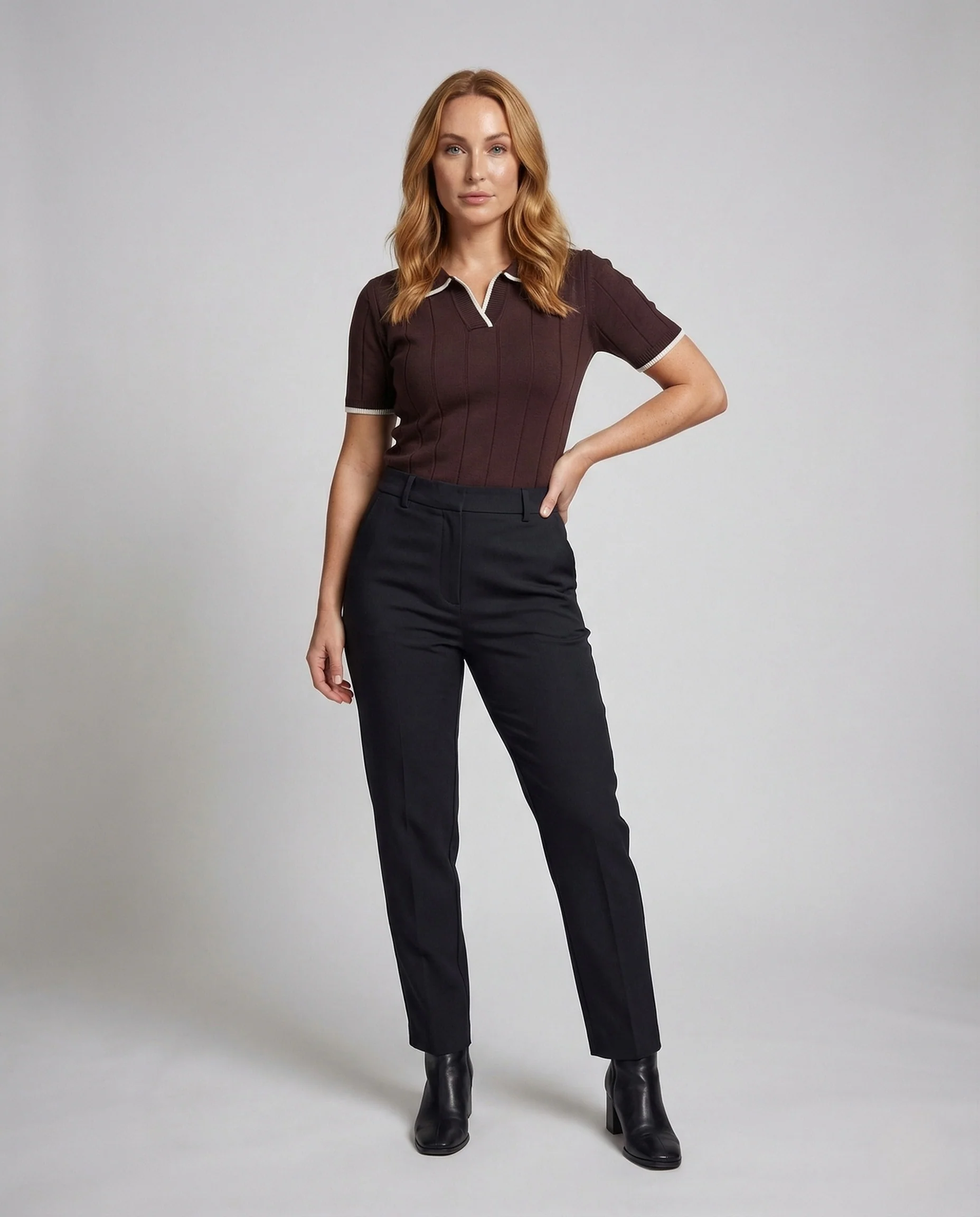 Damen Feinstrick Poloshirt Kurzarm V Ausschnitt - Image 2