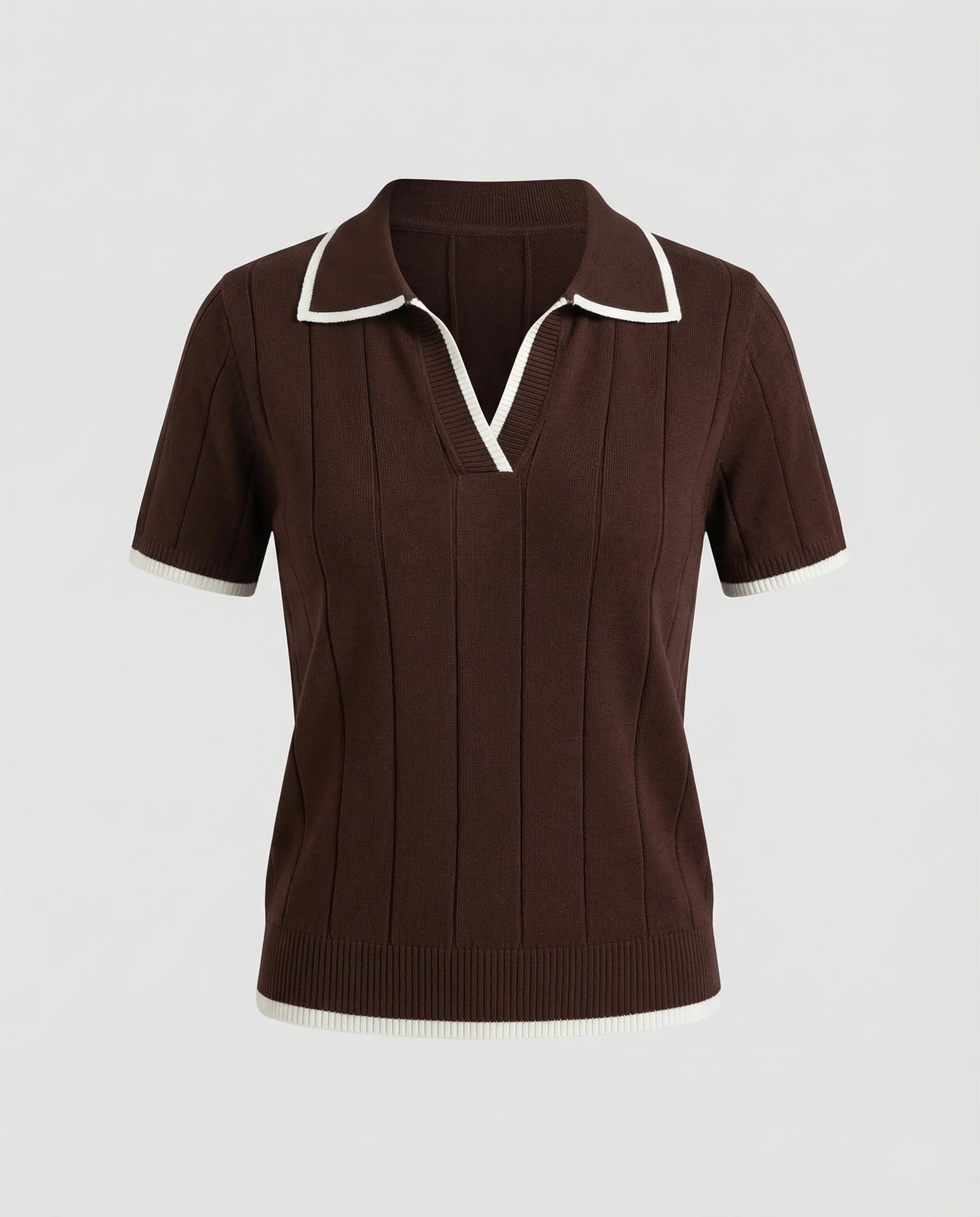 Damen Feinstrick Poloshirt Kurzarm V Ausschnitt - Image 5