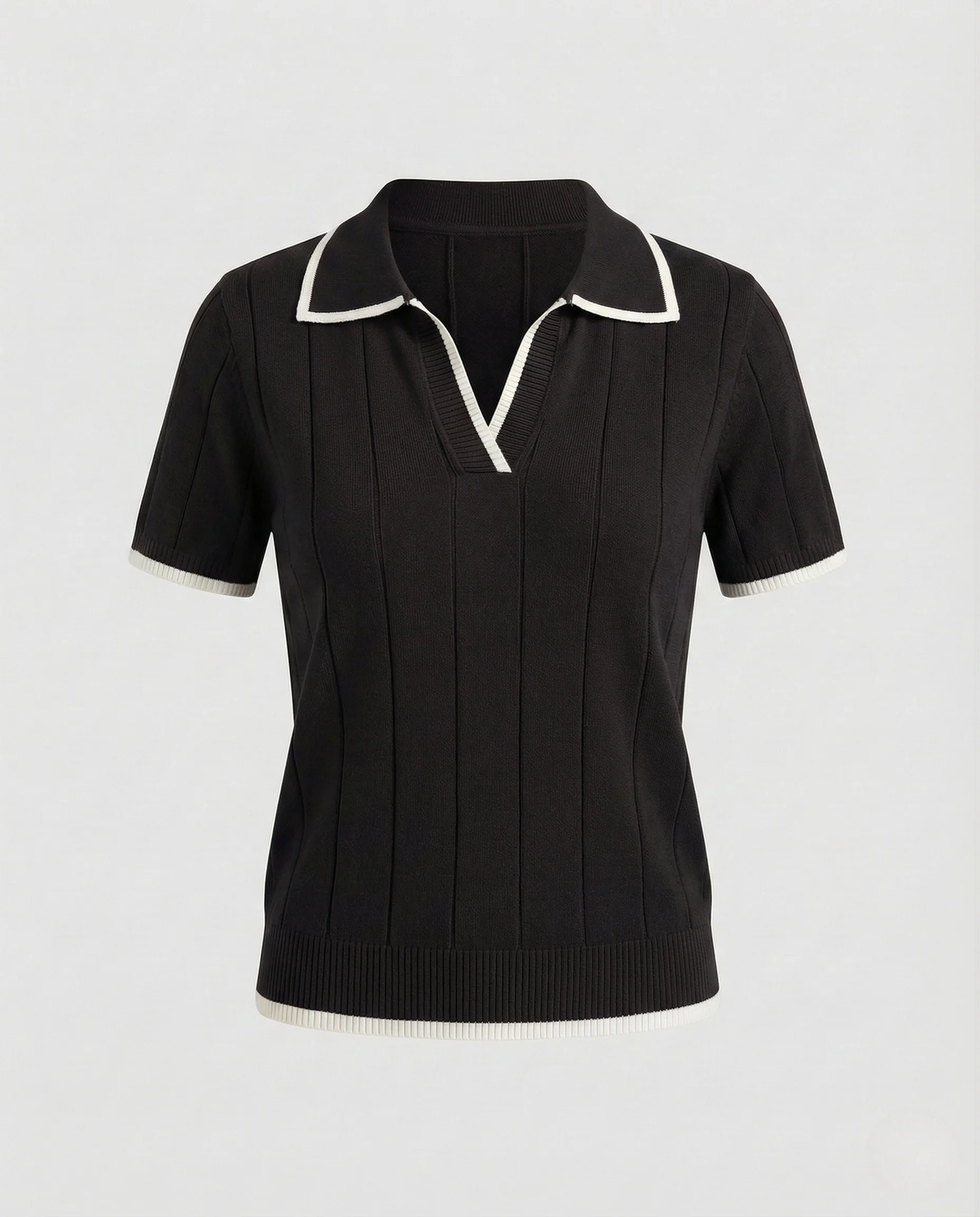 Damen Feinstrick Poloshirt Kurzarm V Ausschnitt - Image 7