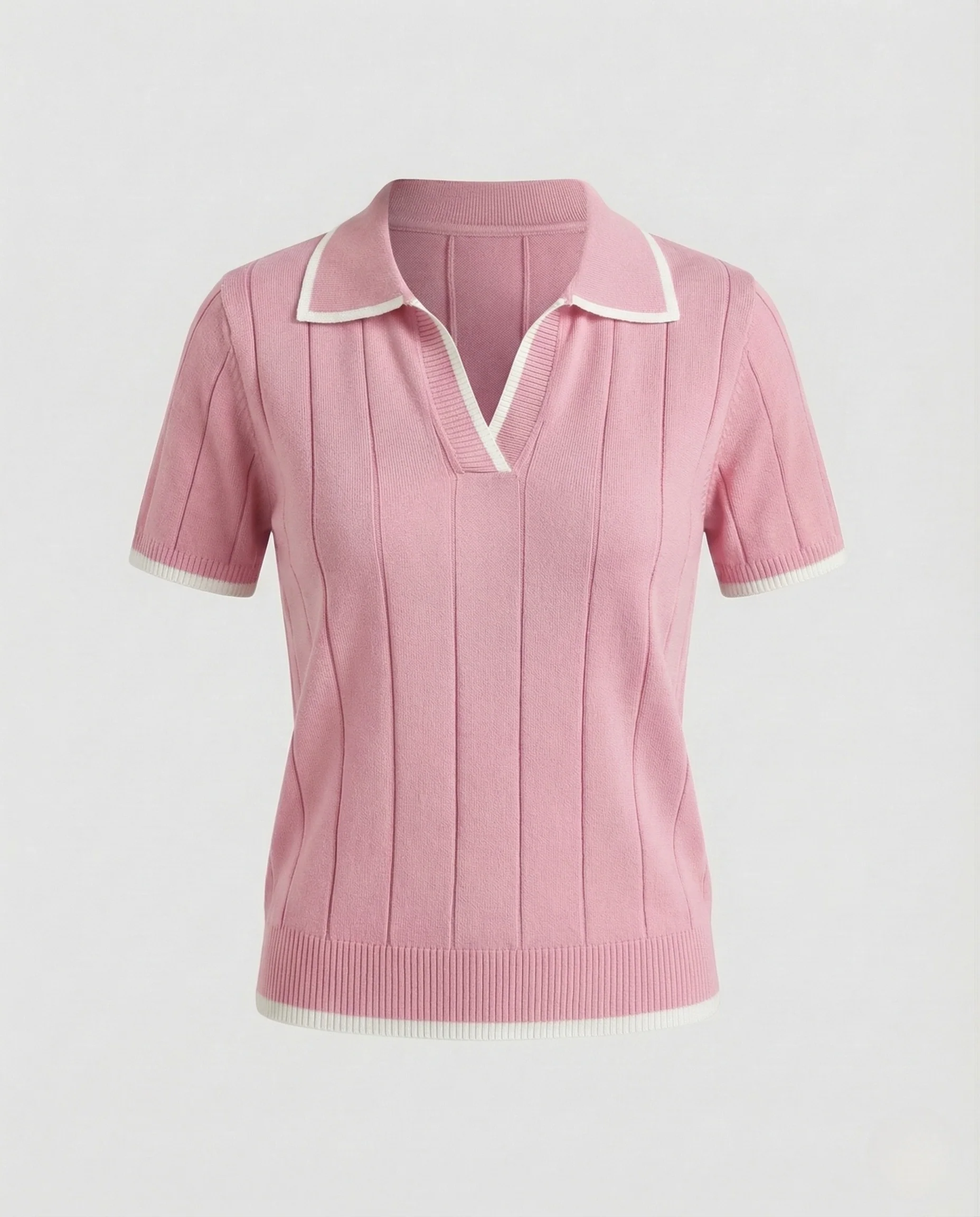 Damen Feinstrick Poloshirt Kurzarm V Ausschnitt - Image 8