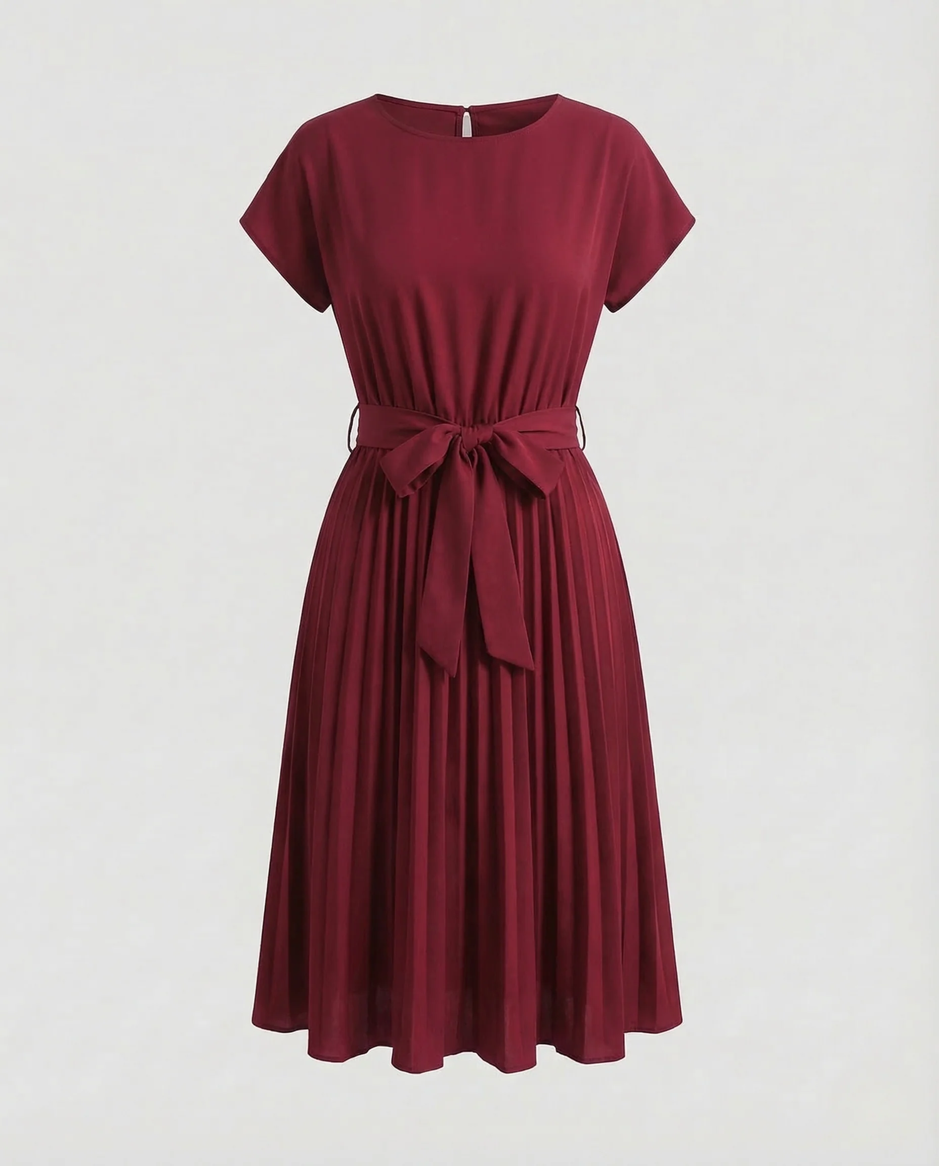 Damen Midikleid Plissee Gürtel Rundhals - Image 10