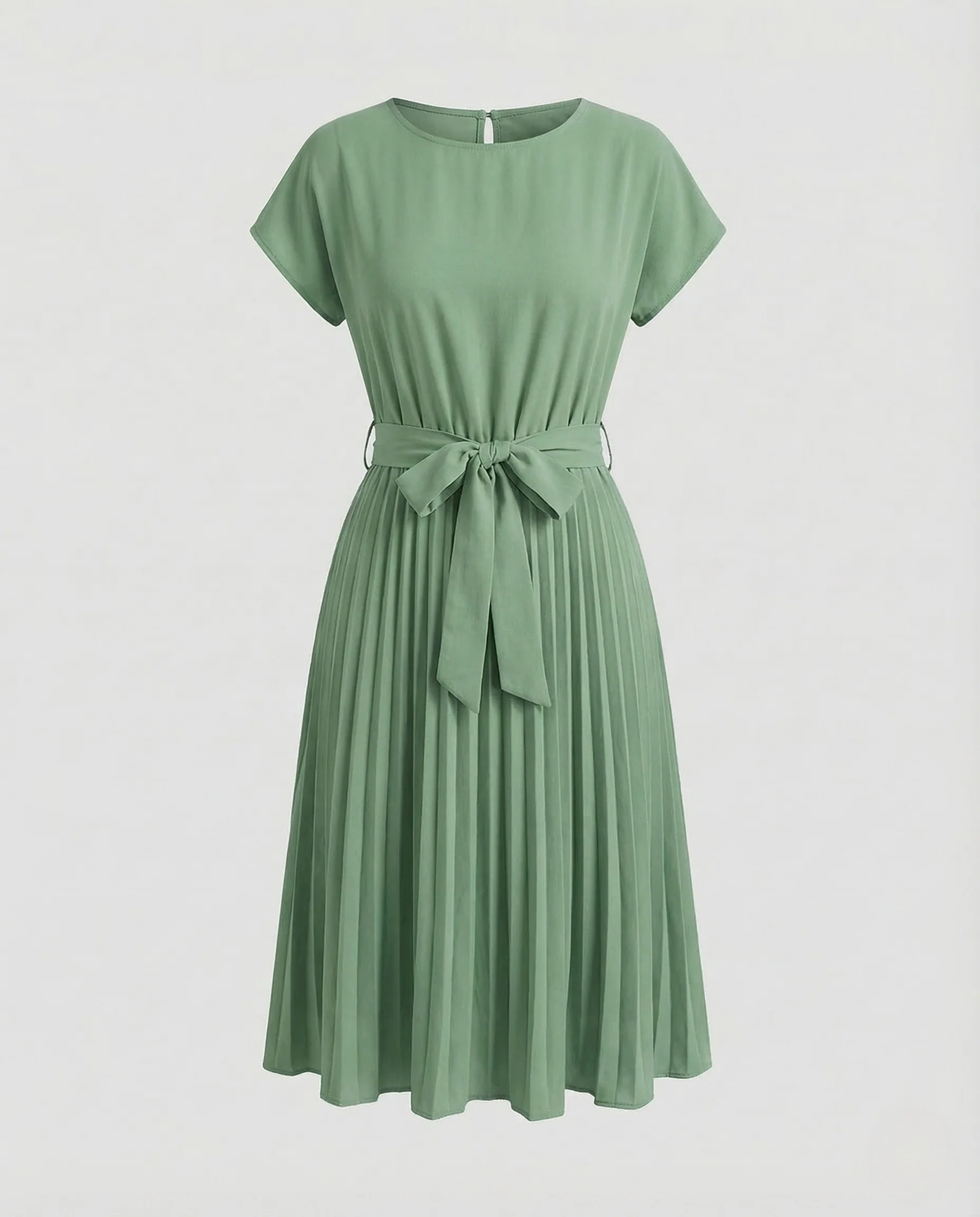 Damen Midikleid Plissee Gürtel Rundhals - Image 11