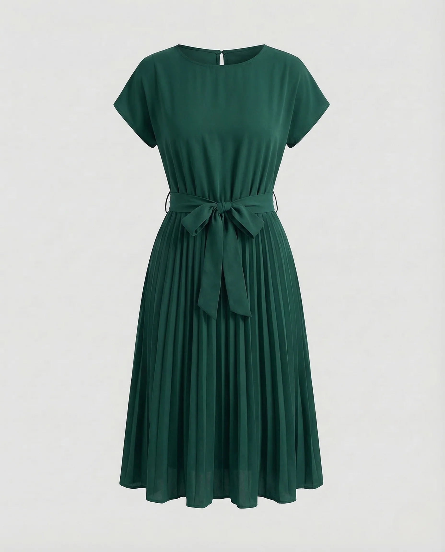Damen Midikleid Plissee Gürtel Rundhals - Image 12