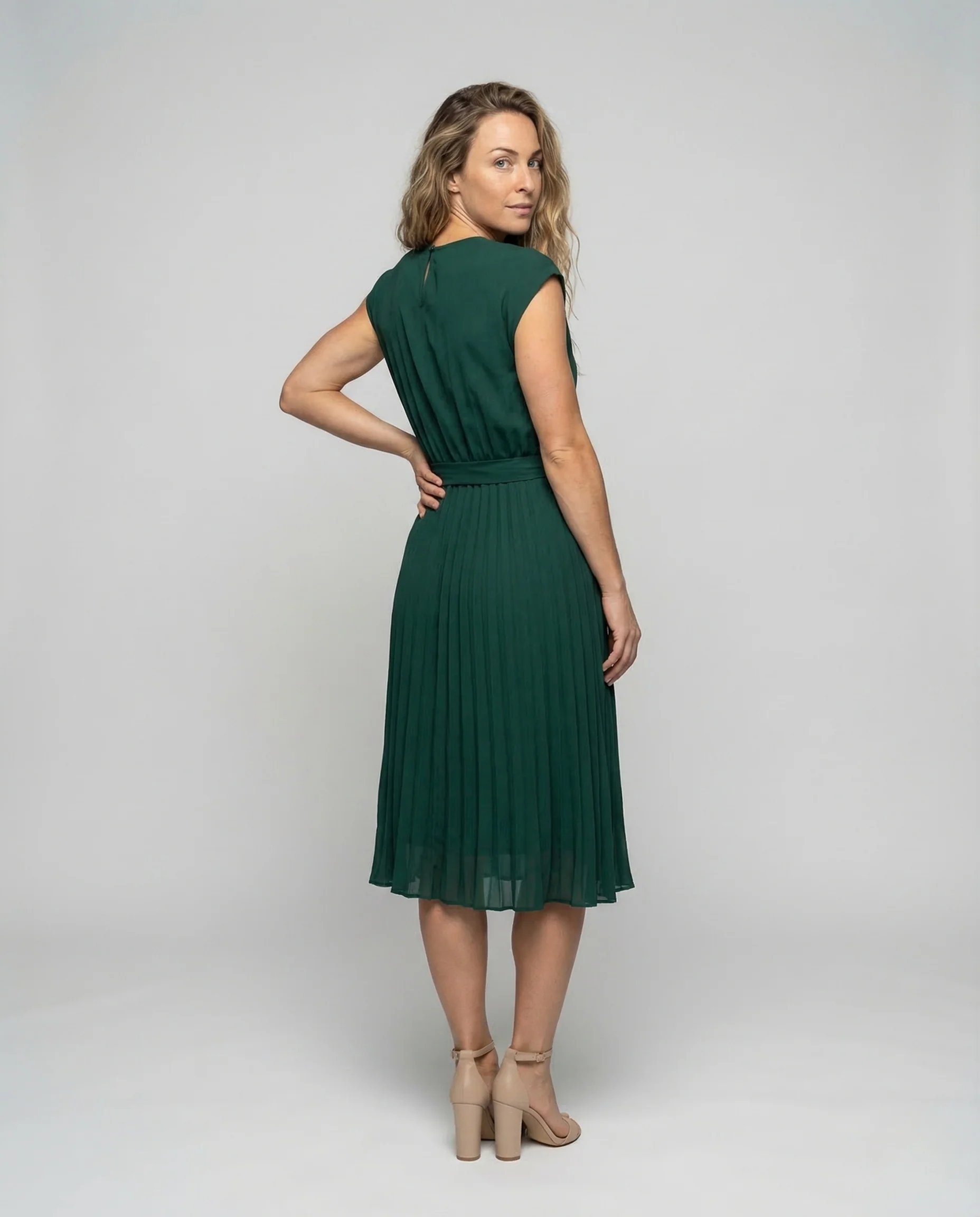 Damen Midikleid Plissee Gürtel Rundhals - Image 4