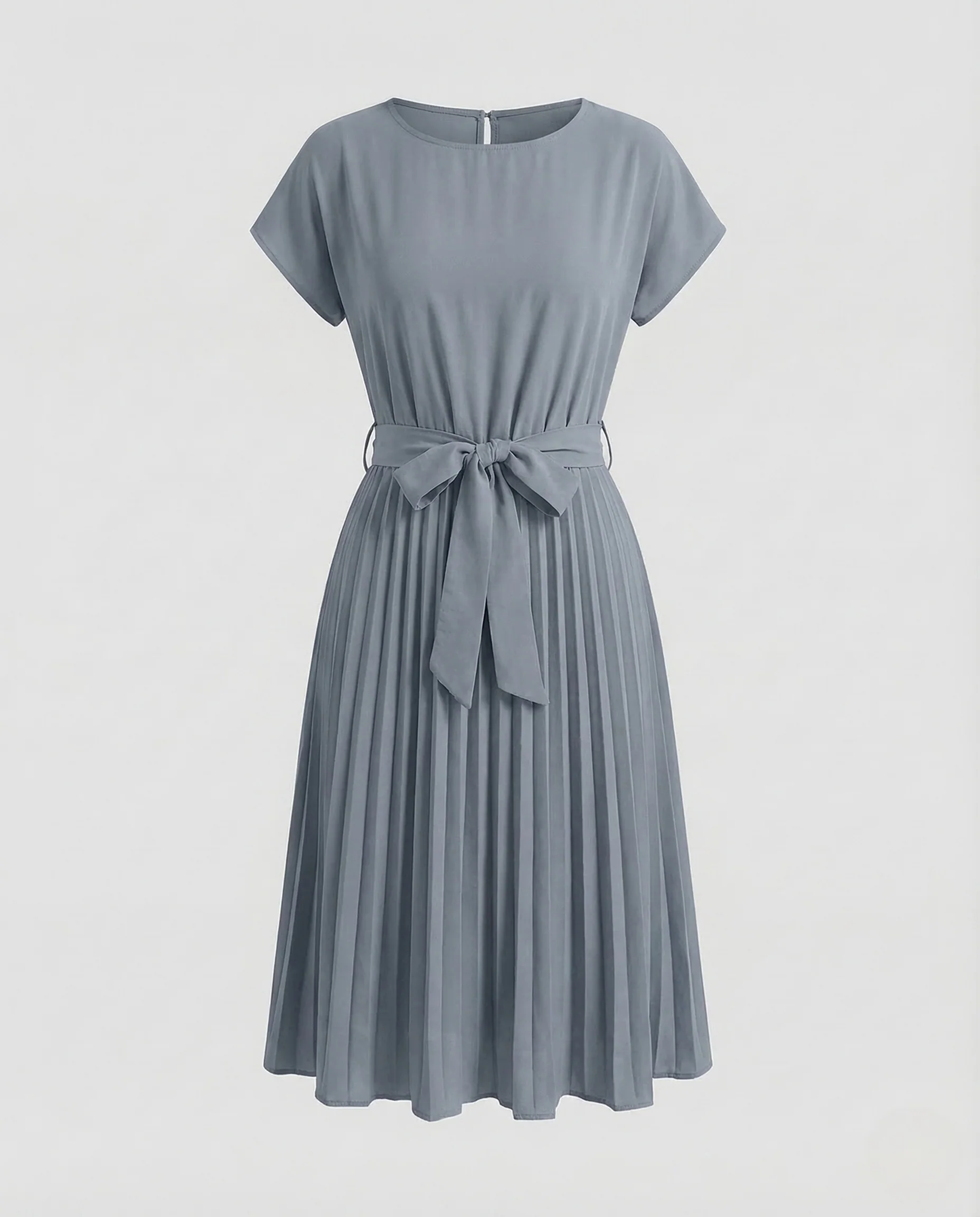 Damen Midikleid Plissee Gürtel Rundhals - Image 6