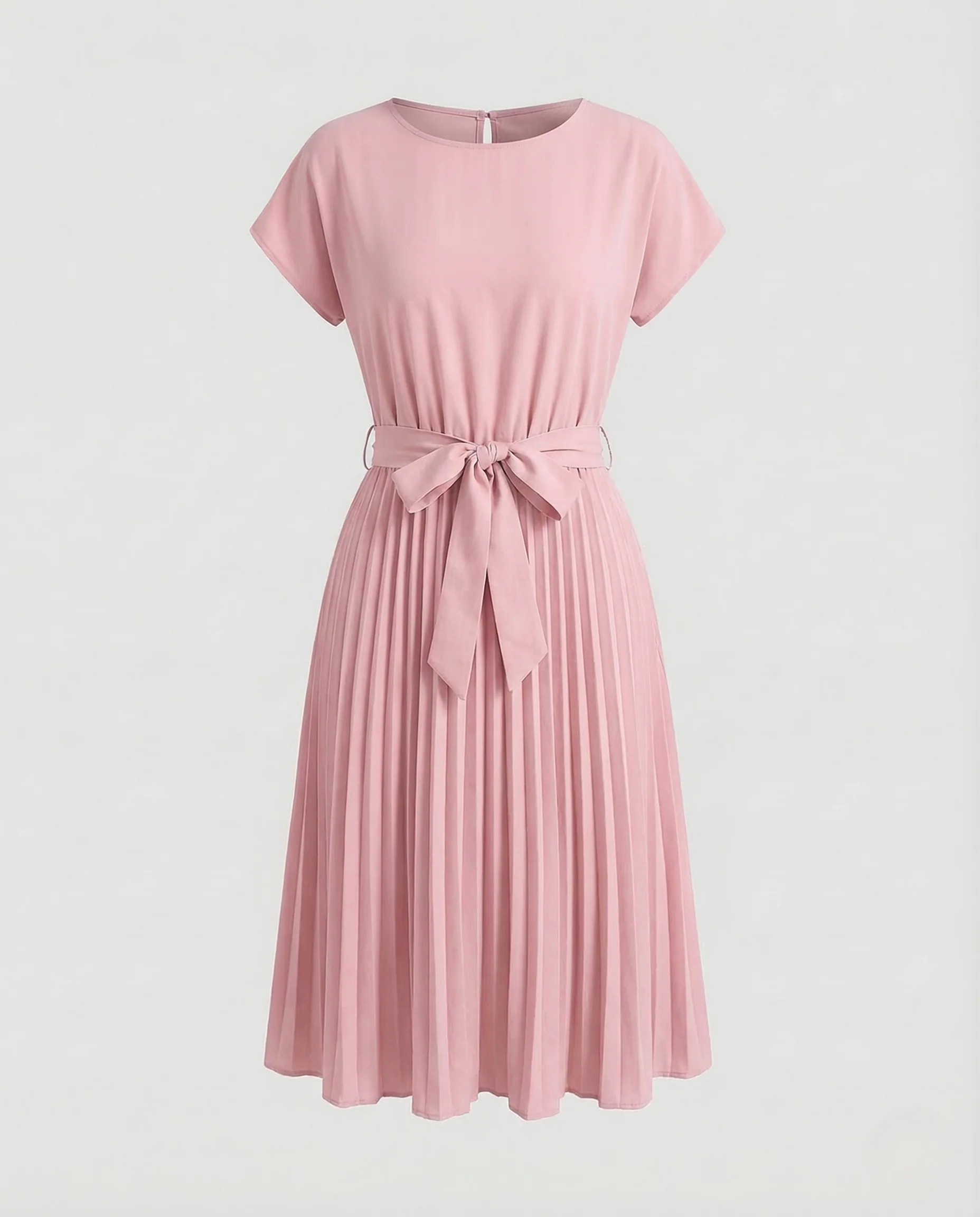 Damen Midikleid Plissee Gürtel Rundhals - Image 8