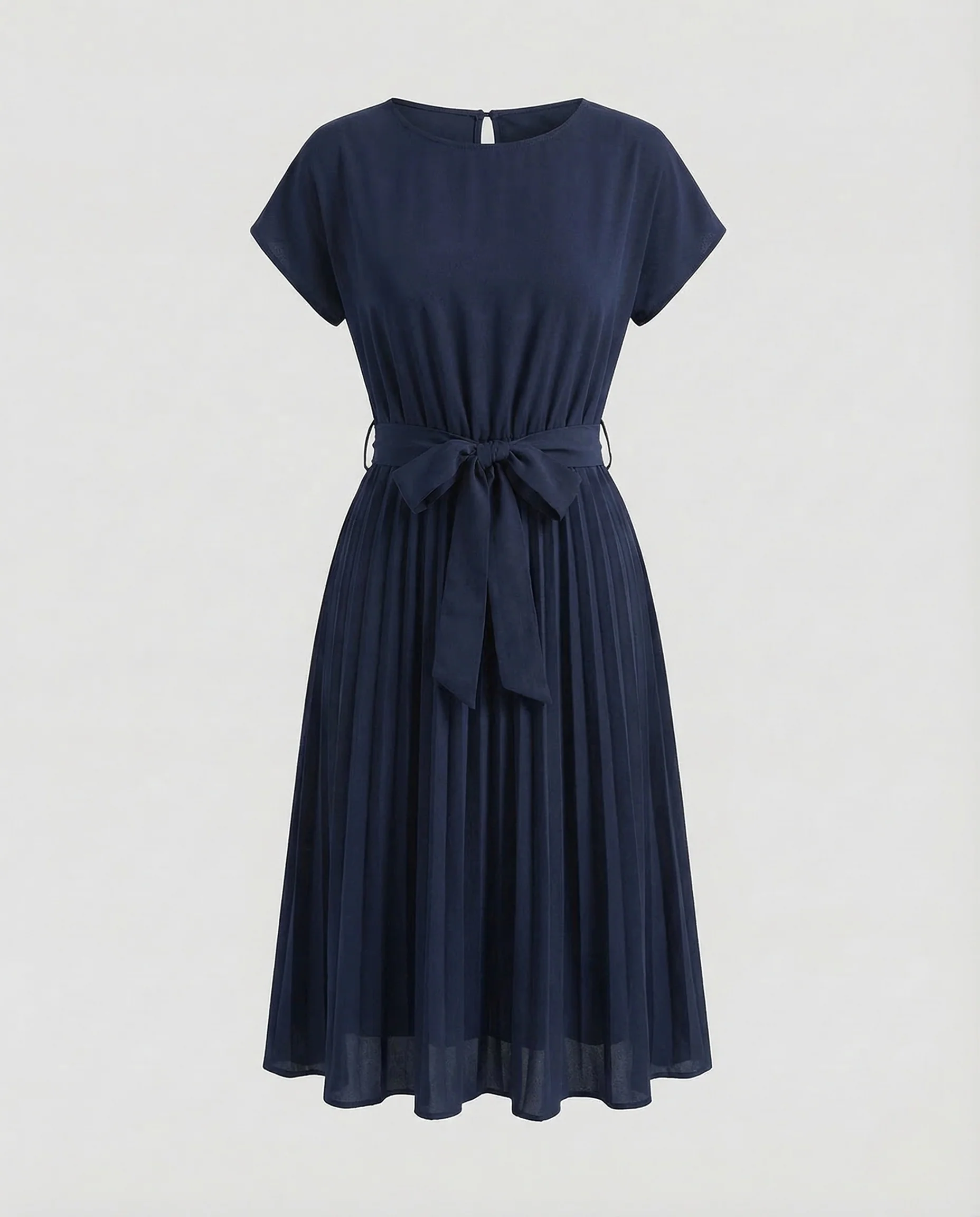 Damen Midikleid Plissee Gürtel Rundhals - Image 9