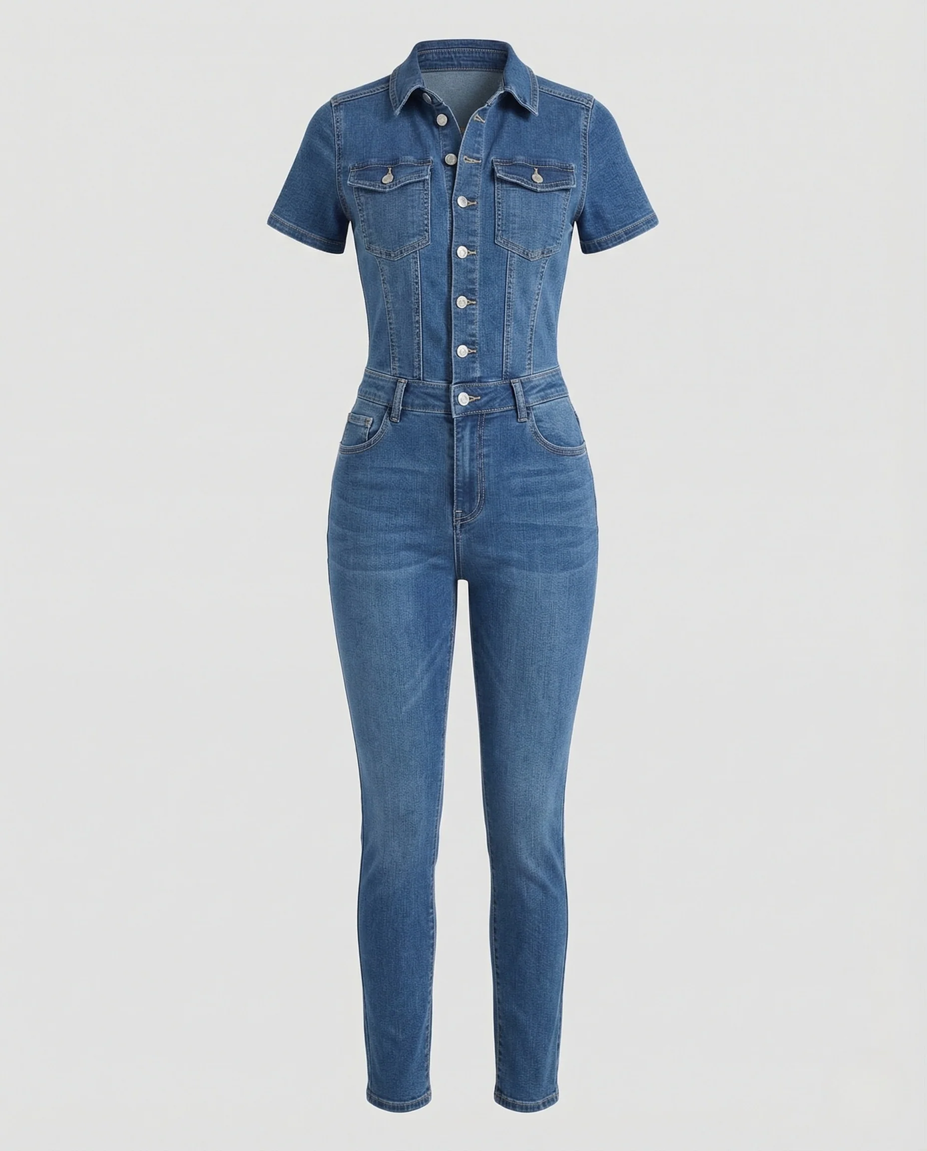 Damen Kurzarm Denim Jumpsuit - Image 5