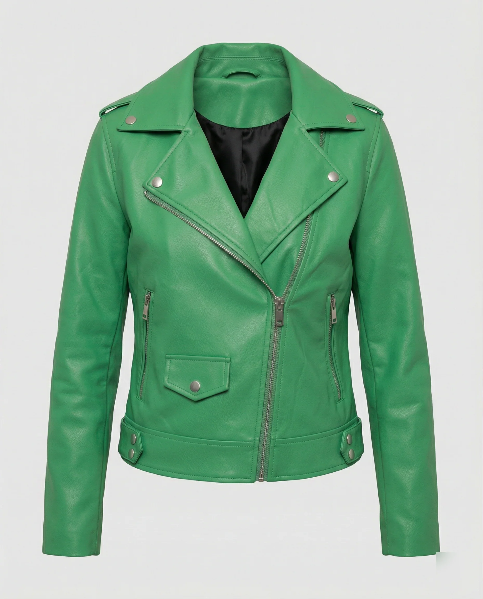 Damen kurze Bikerjacke aus Lederimitat mit asymmetrischem Reißverschluss und dekorativen Reißverschlusstaschen Heidi-Mode - Image 5