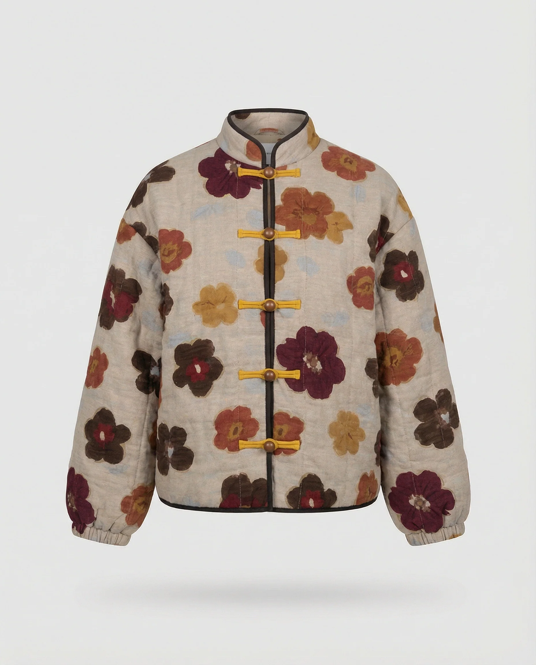 Damen kurze Blumenbouclé-Jacke mit Knebelverschluss und Ballonärmeln Heidi Mode - Image 5