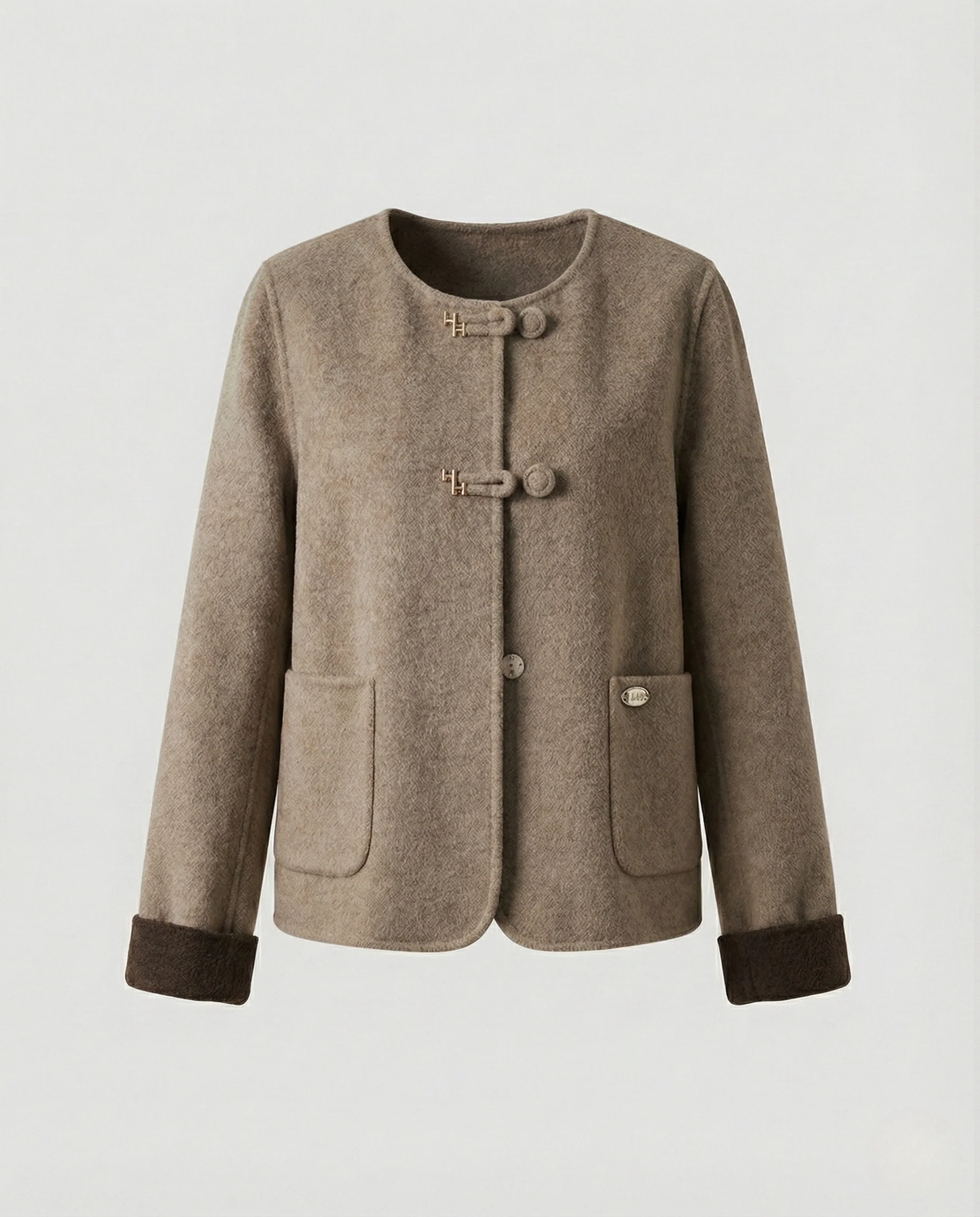 Kurze Bouclé-Wolljacke mit Rundhalsausschnitt und Umschlagärmeln Heidi Mode - Image 7