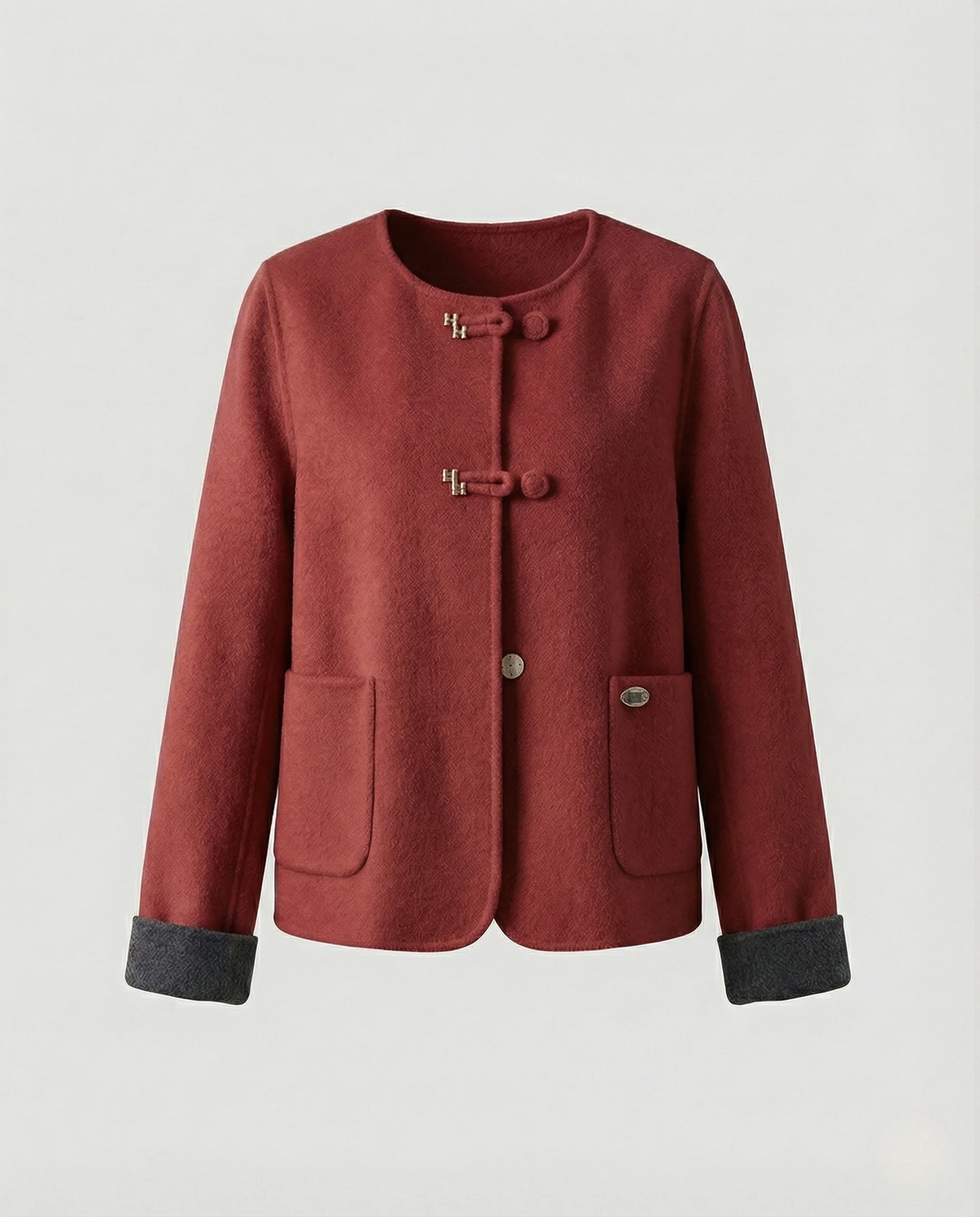 Kurze Bouclé-Wolljacke mit Rundhalsausschnitt und Umschlagärmeln Heidi Mode - Image 8