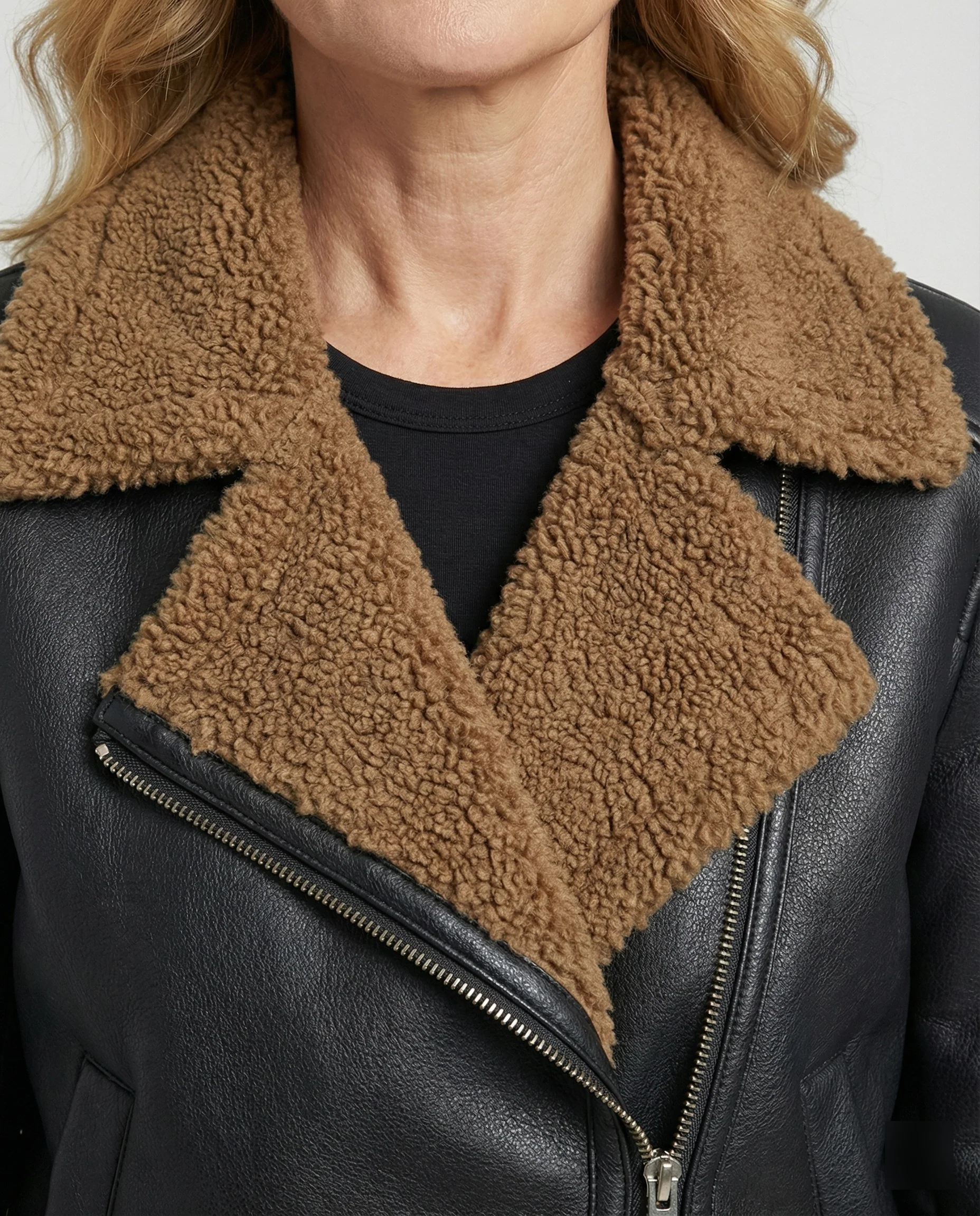 Damen Lederjacke Schwarz mit Teddykragen - Image 4