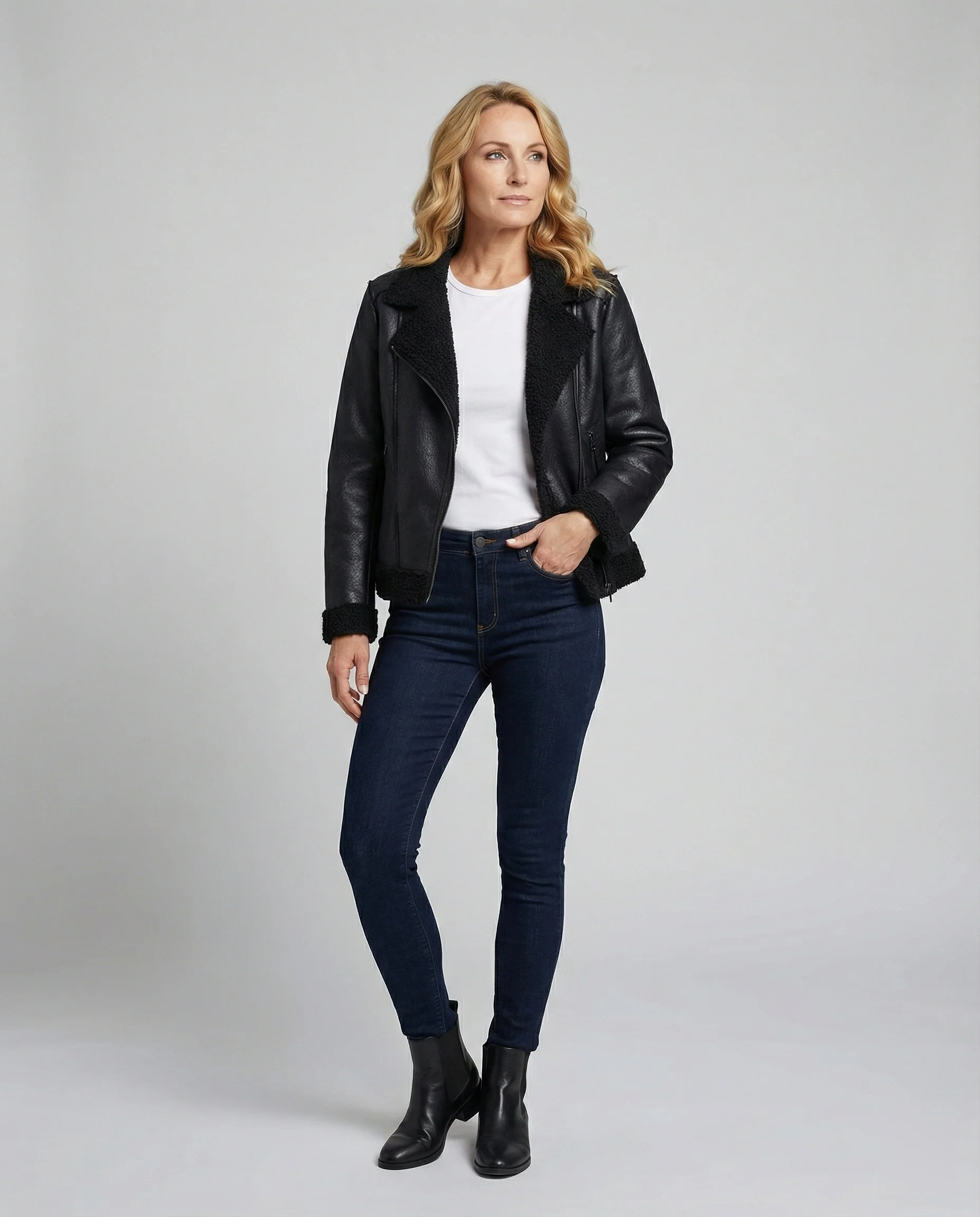 Damen Lederjacke Schwarz gefüttert - Image 2