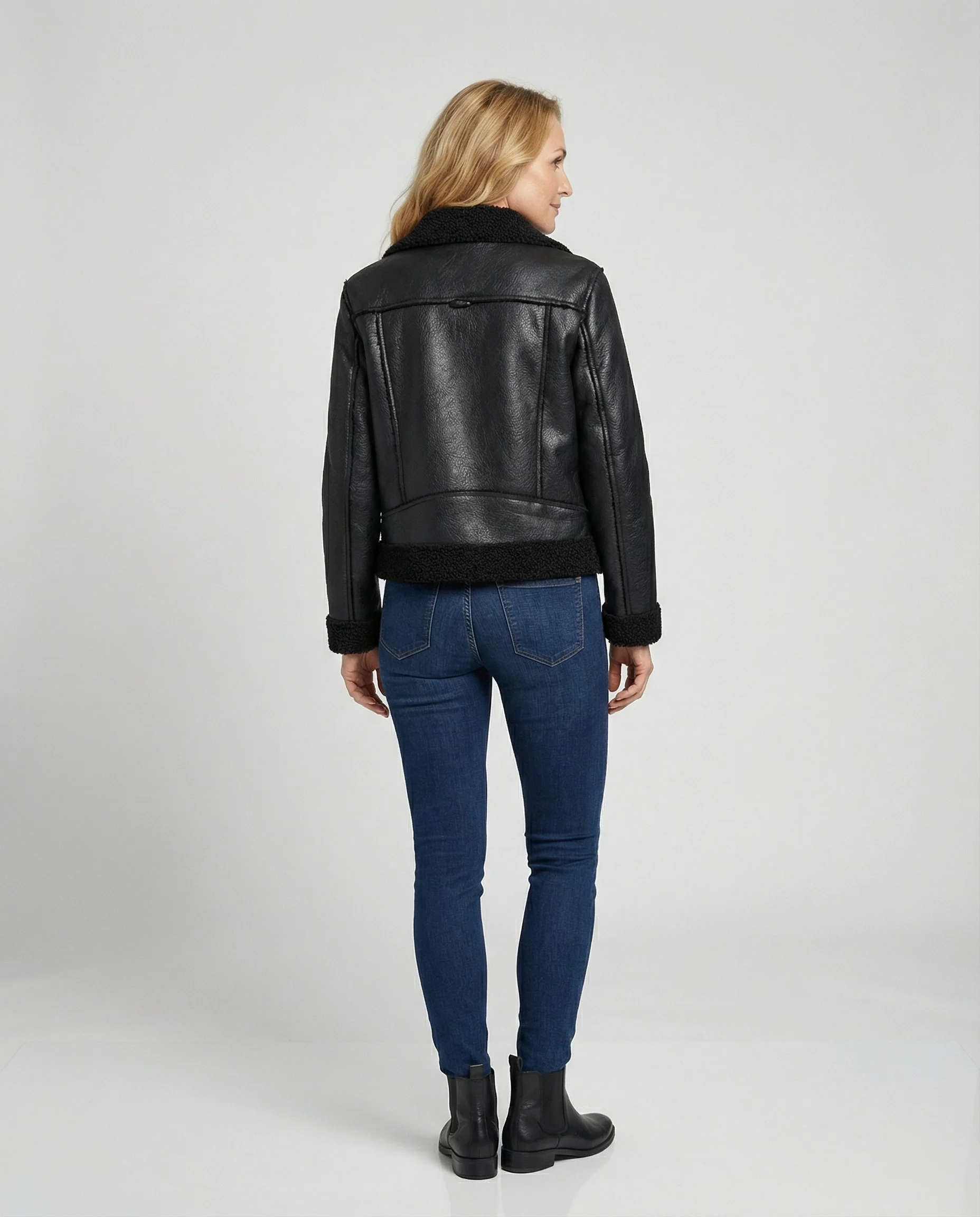 Damen Lederjacke Schwarz gefüttert - Image 3