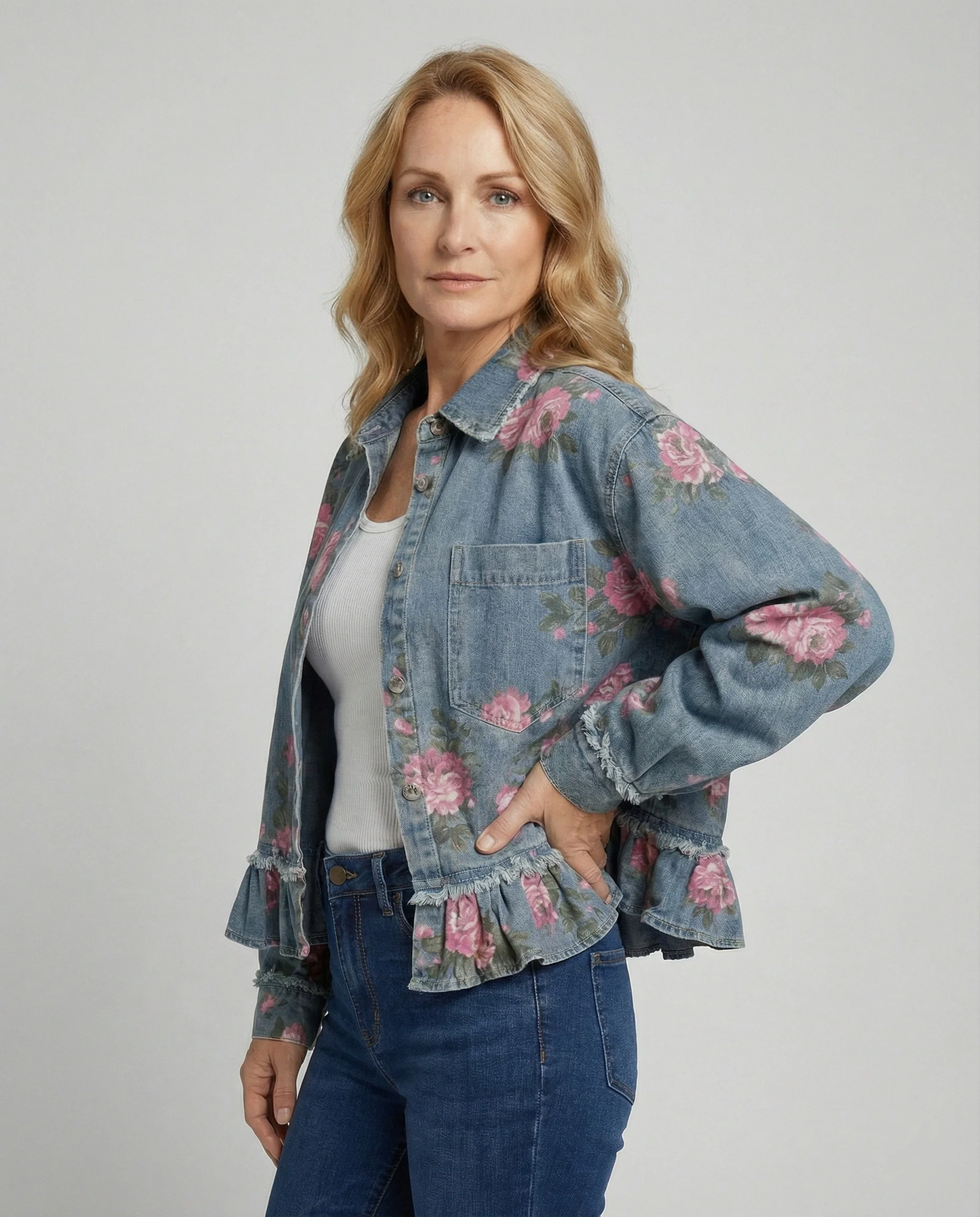 Damen Jeansjacke kurz mit Blumenprint - Image 2