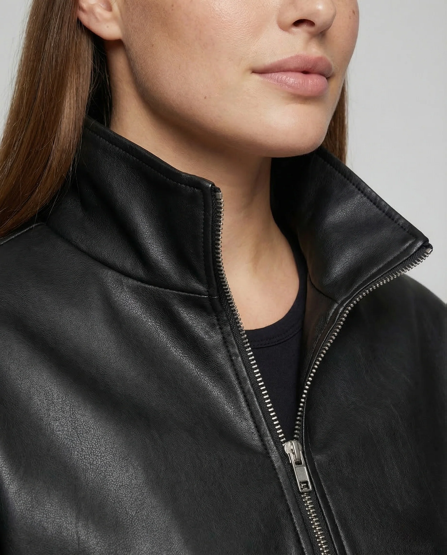 Damen Lederoptik Kapuzenjacke Kurz - Image 3
