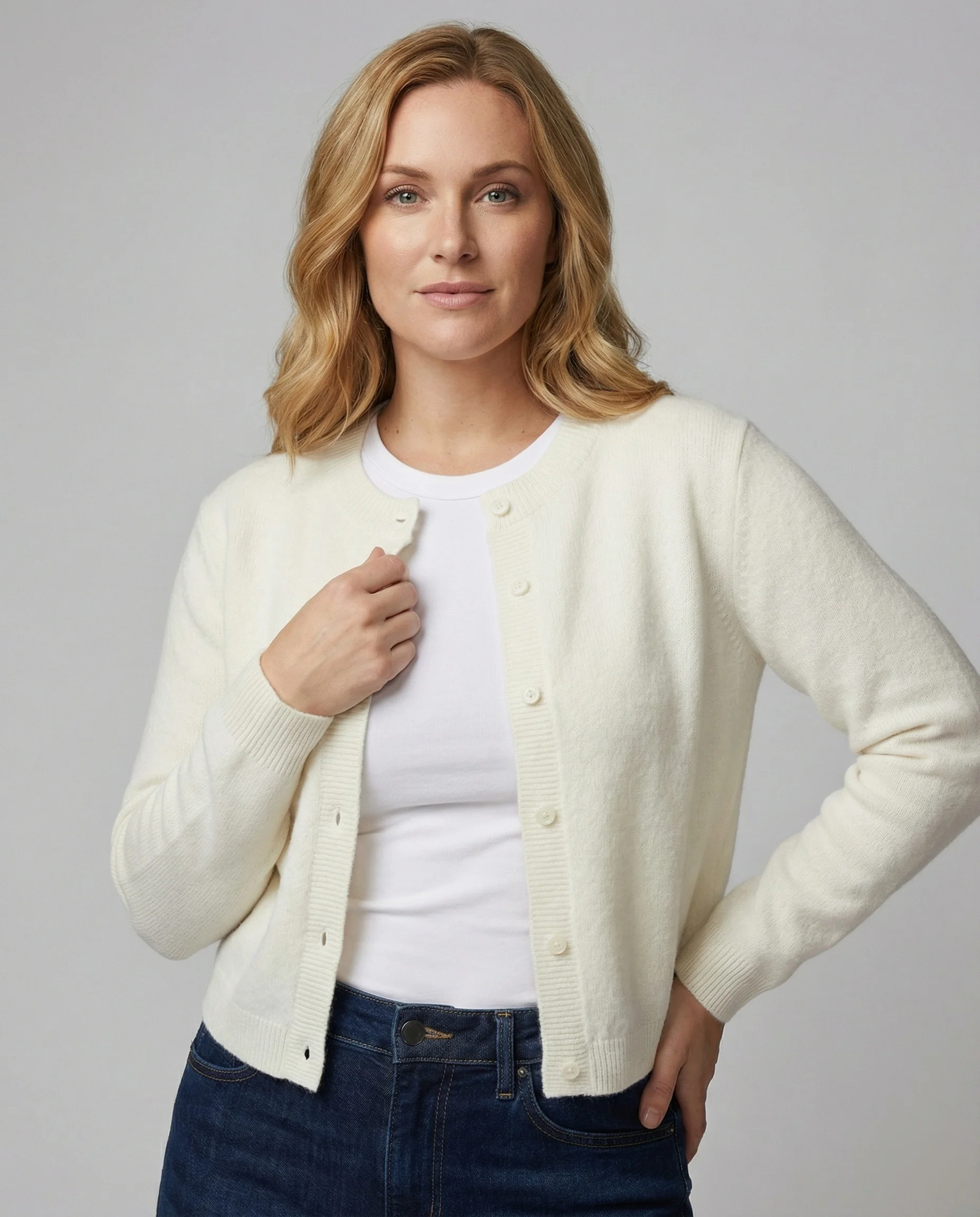 Kurze kastig geschnittene Feinstrick-Cardigan mit Rundhalsausschnitt und tonalem Knopfverschluss Heidi-Mode - Image 2
