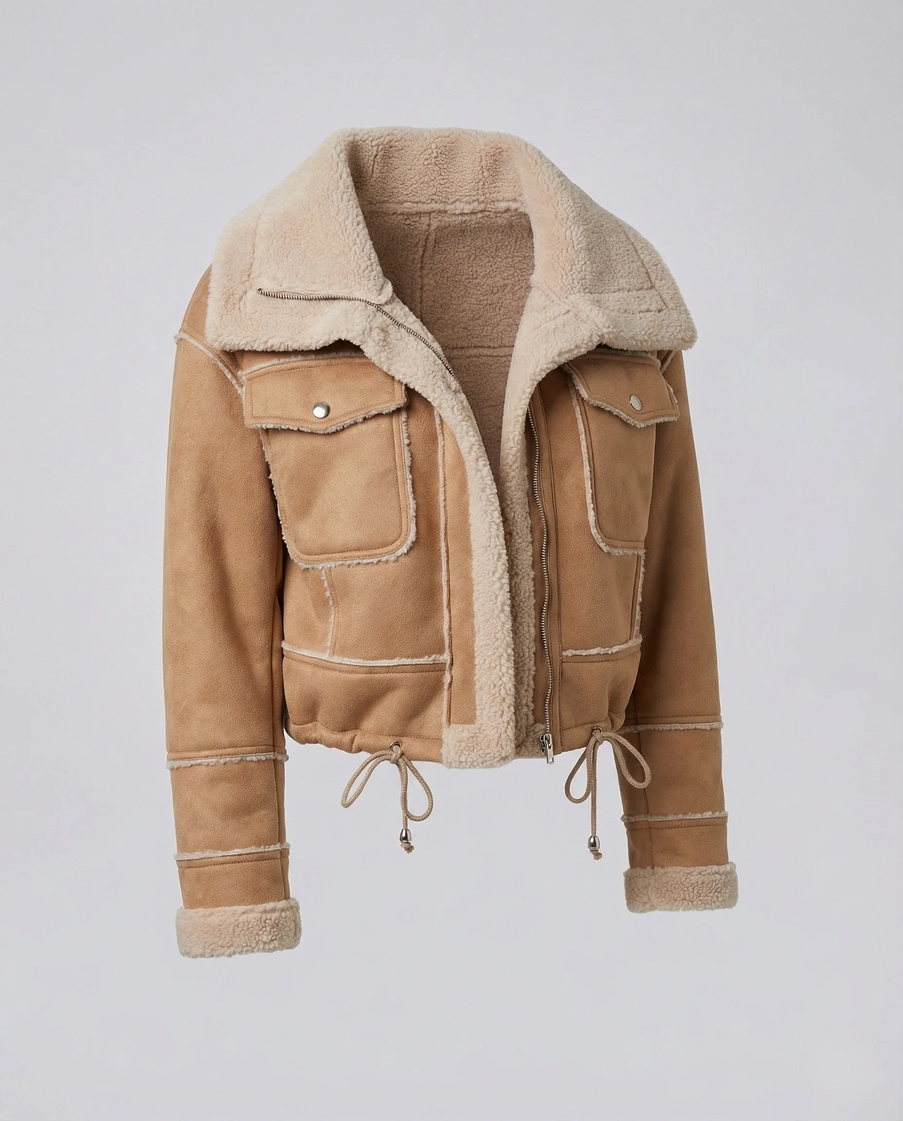 Damen Teddy Bomberjacke Kurz Lammfelloptik Kordelzug - Image 5