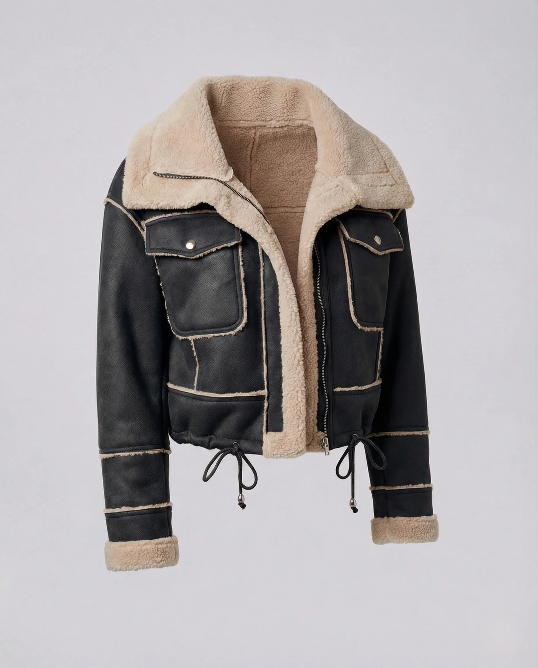 Damen Teddy Bomberjacke Kurz Lammfelloptik Kordelzug - Image 6
