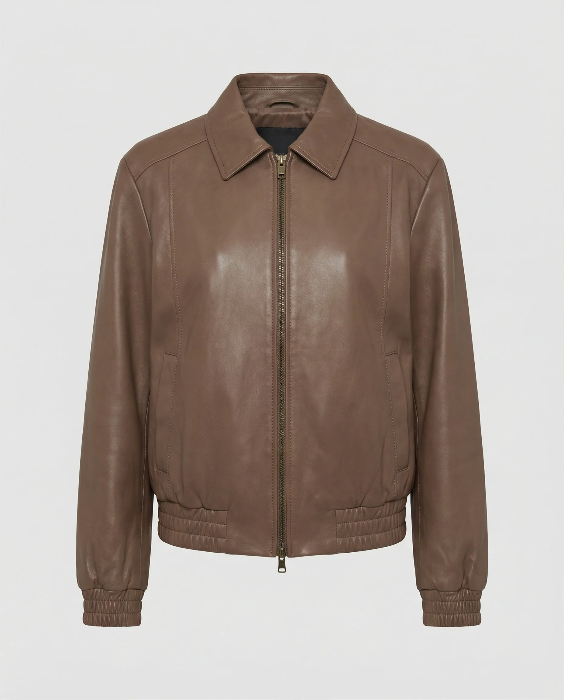 Kurze Lederblousonjacke mit Hemdkragen, verdecktem Reißverschluss und elastischen Bündchen Heidi-Mode - Image 3