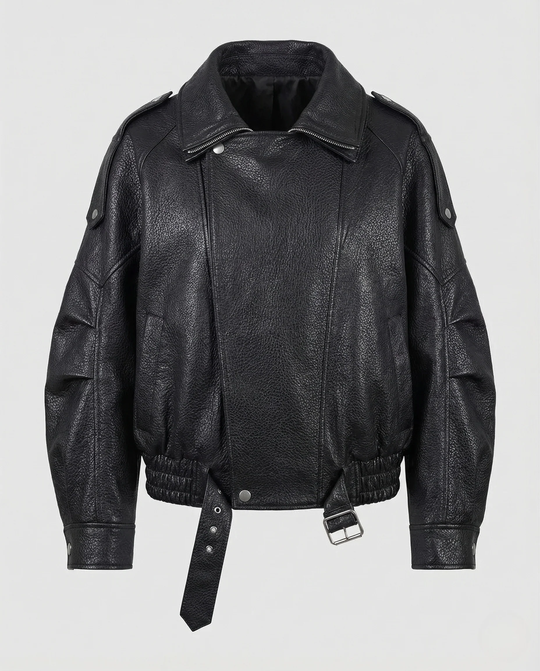 Damen Oversize Bikerjacke Kurz aus Kunstleder mit Reverskragen und Gürtel - Image 4