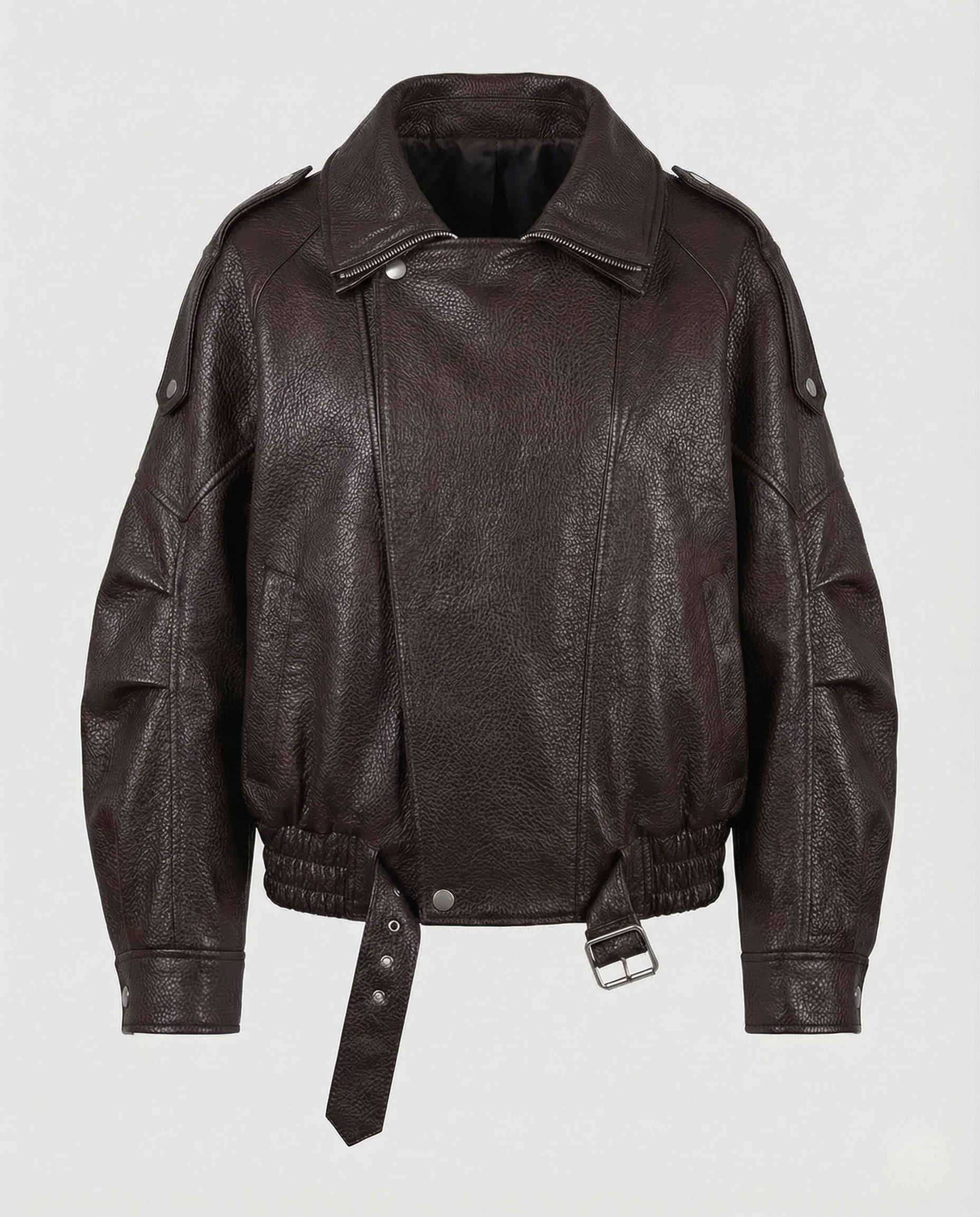 Damen Oversize Bikerjacke Kurz aus Kunstleder mit Reverskragen und Gürtel - Image 5