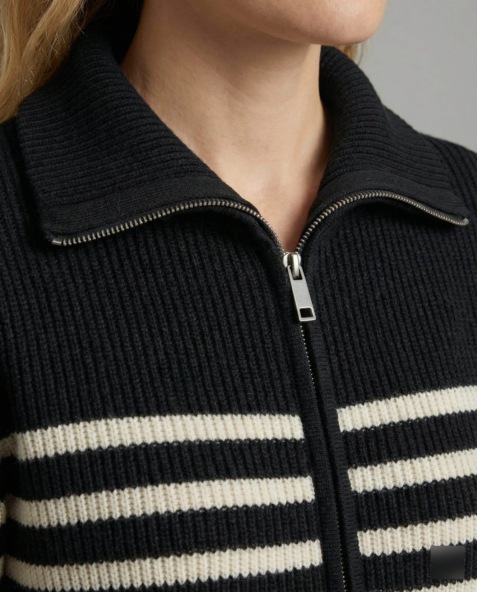 Kurze Strickjacke mit maritimen Blockstreifen Reißverschluss und Schalkragen Heidi-Mode - Image 5