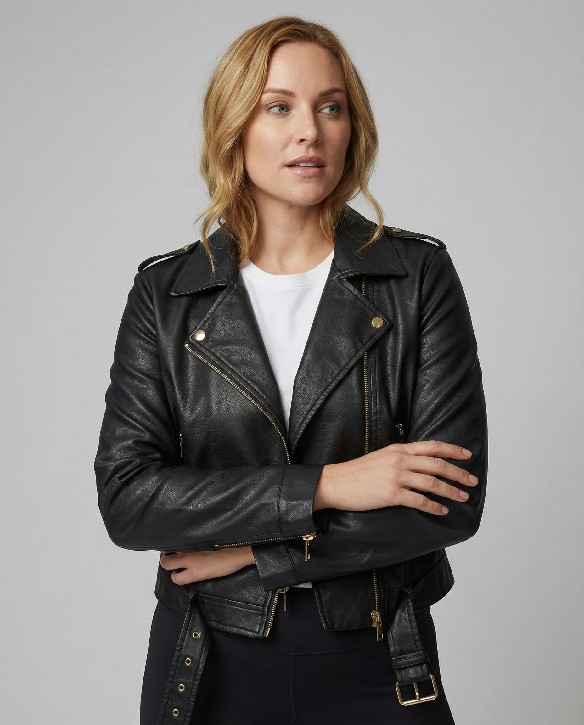 Kurze taillierte Biker-Lederjacke mit Reverskragen und Taillengürtel Heidi-Mode - Image 2