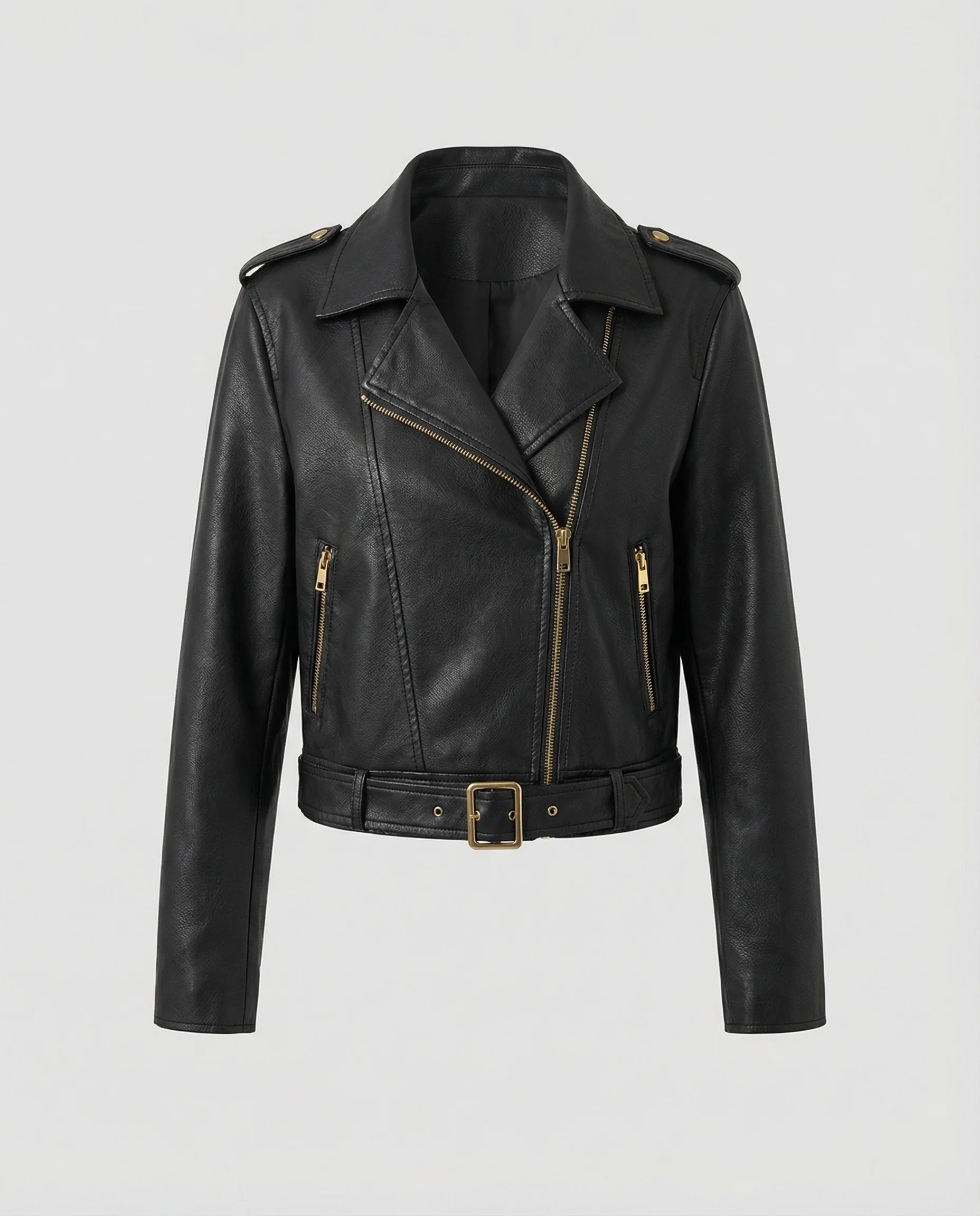 Kurze taillierte Biker-Lederjacke mit Reverskragen und Taillengürtel Heidi-Mode - Image 5