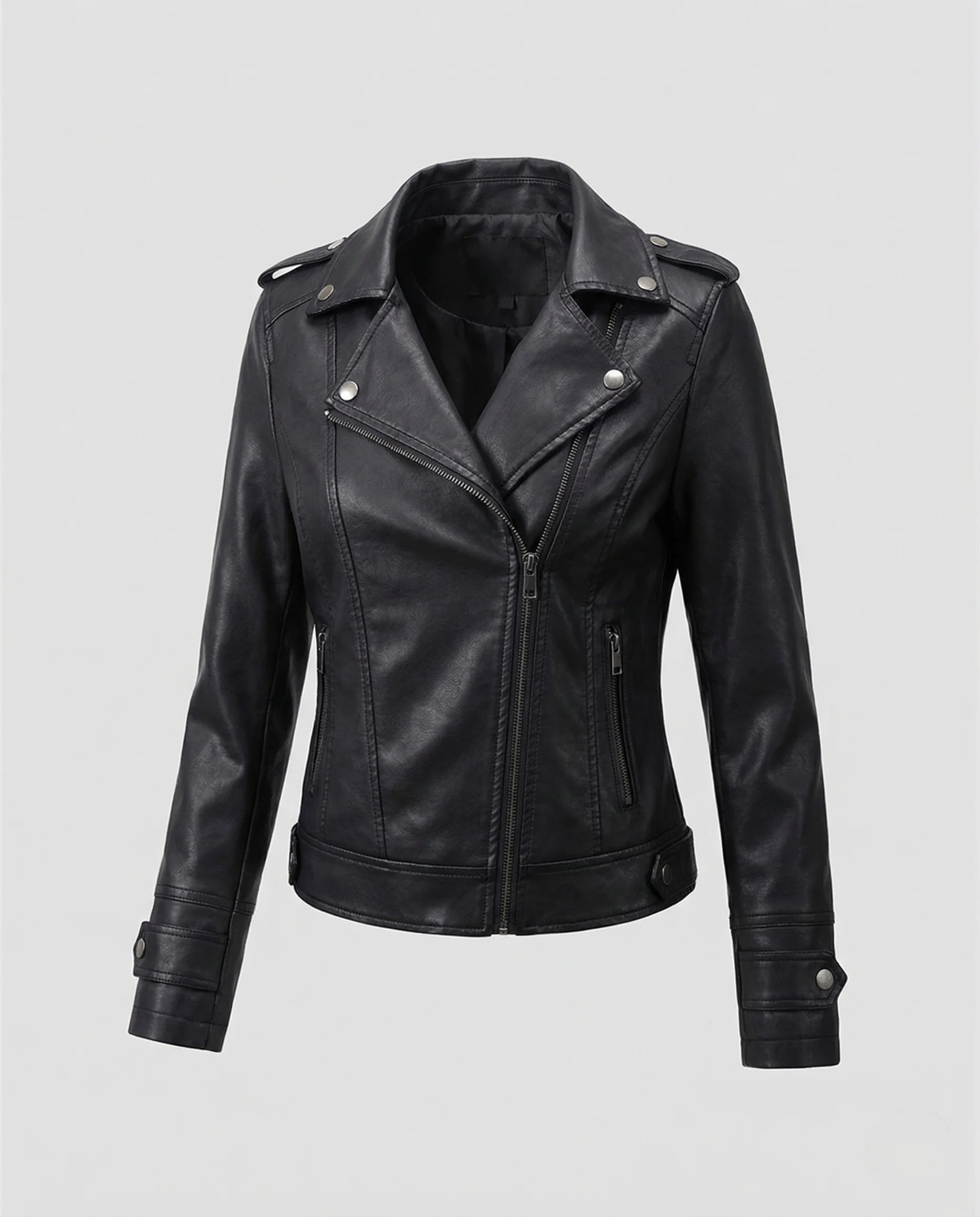 Damen kurze Bikerjacke aus Kunstleder mit asymmetrischem Zipper - Image 5