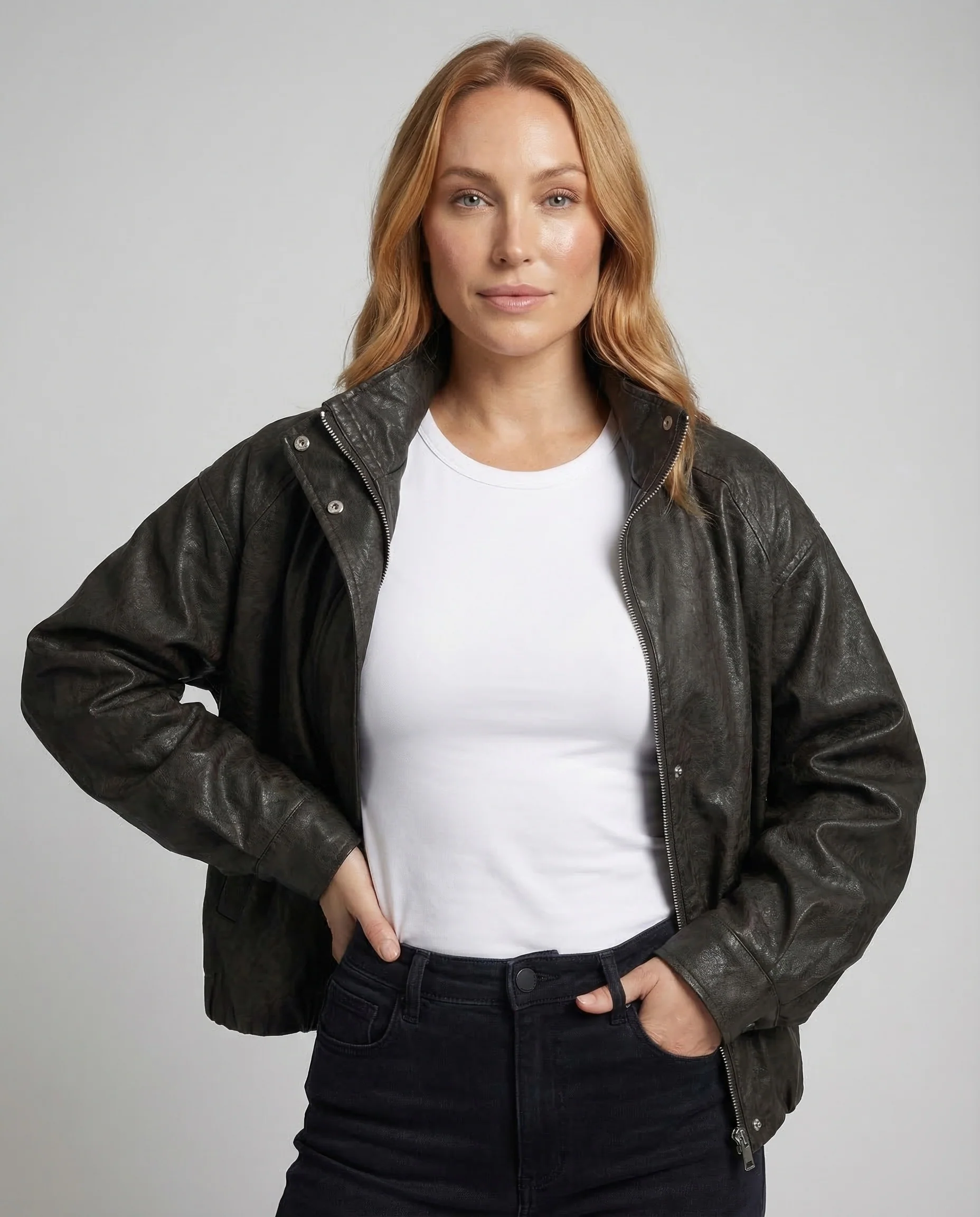 Damen Lederoptik Blouson Ballonärmel - Image 2