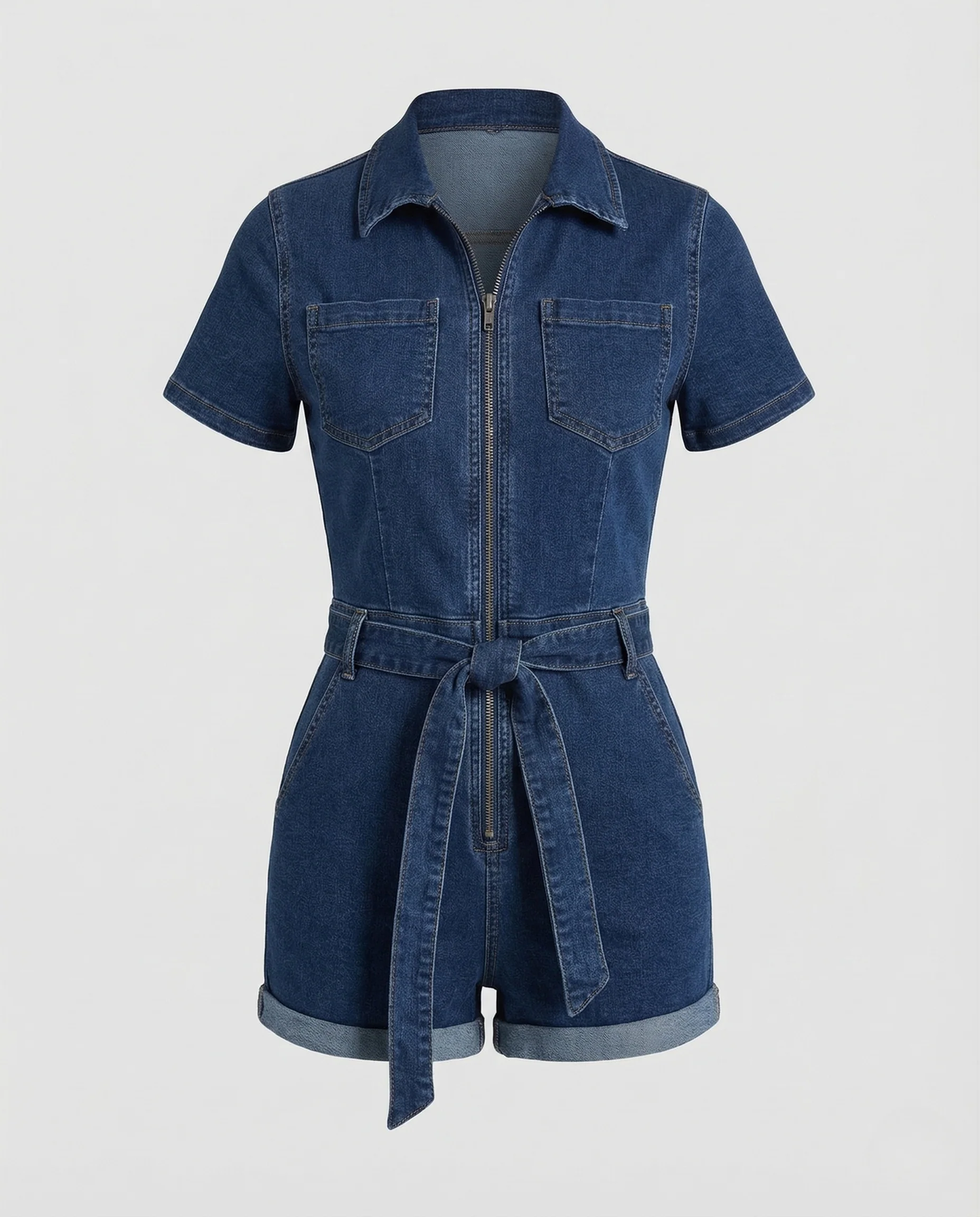 Damen Jeans Kurzoverall Reißverschluss Hemdkragen Gürtel - Image 4