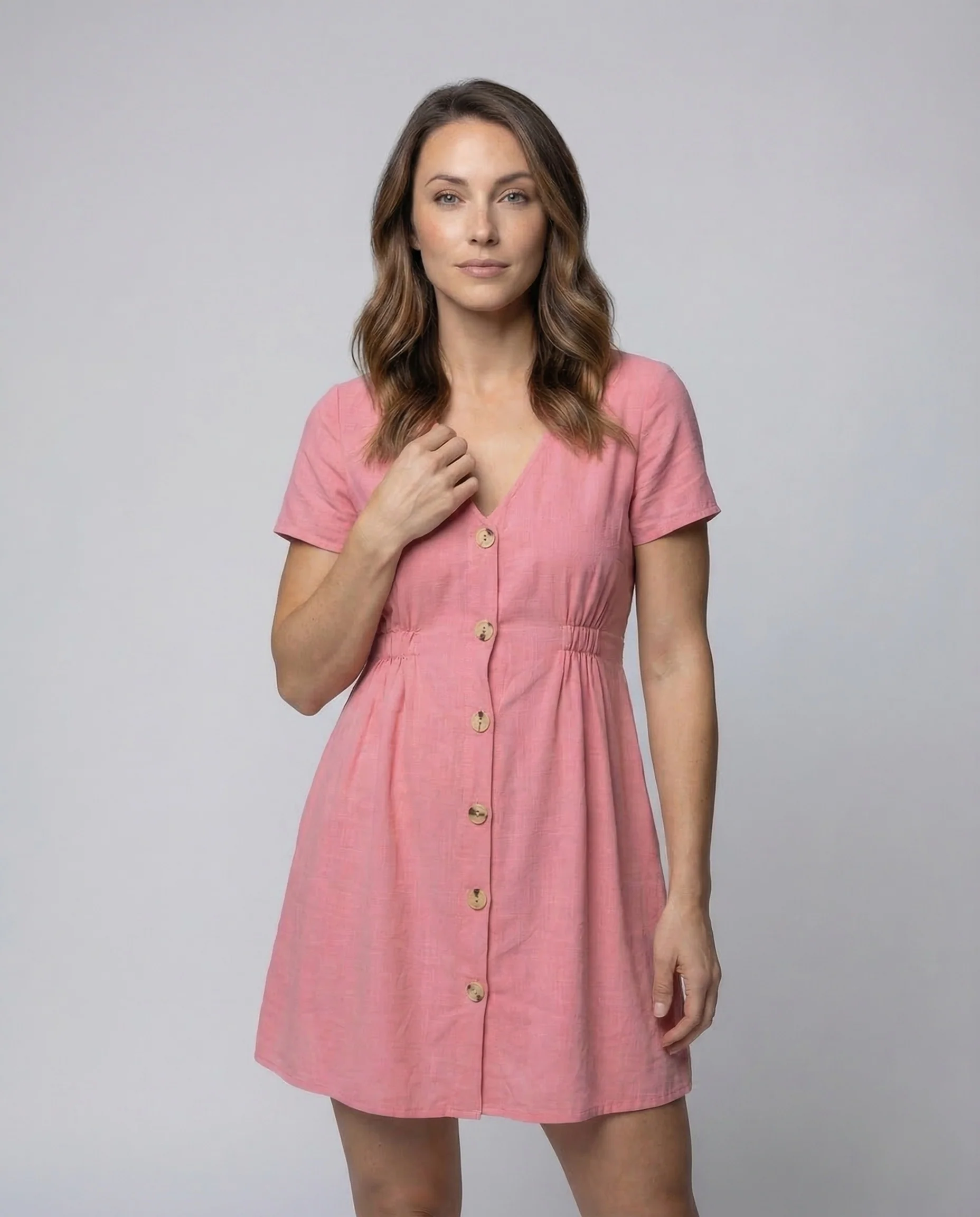Damen Sommerkleid V Ausschnitt Knopfleiste Empire - Image 2