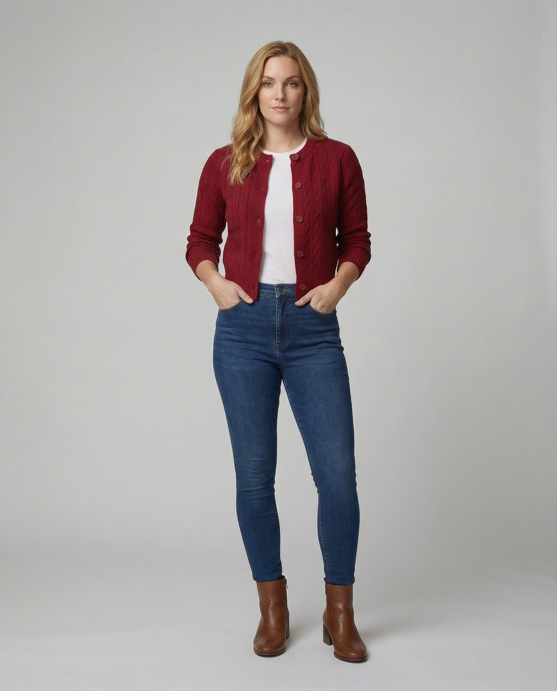 Kurzgeschnittene Zopfmuster-Strickjacke mit Rundhalsausschnitt und Rippenbund Heidi-Mode - Image 2