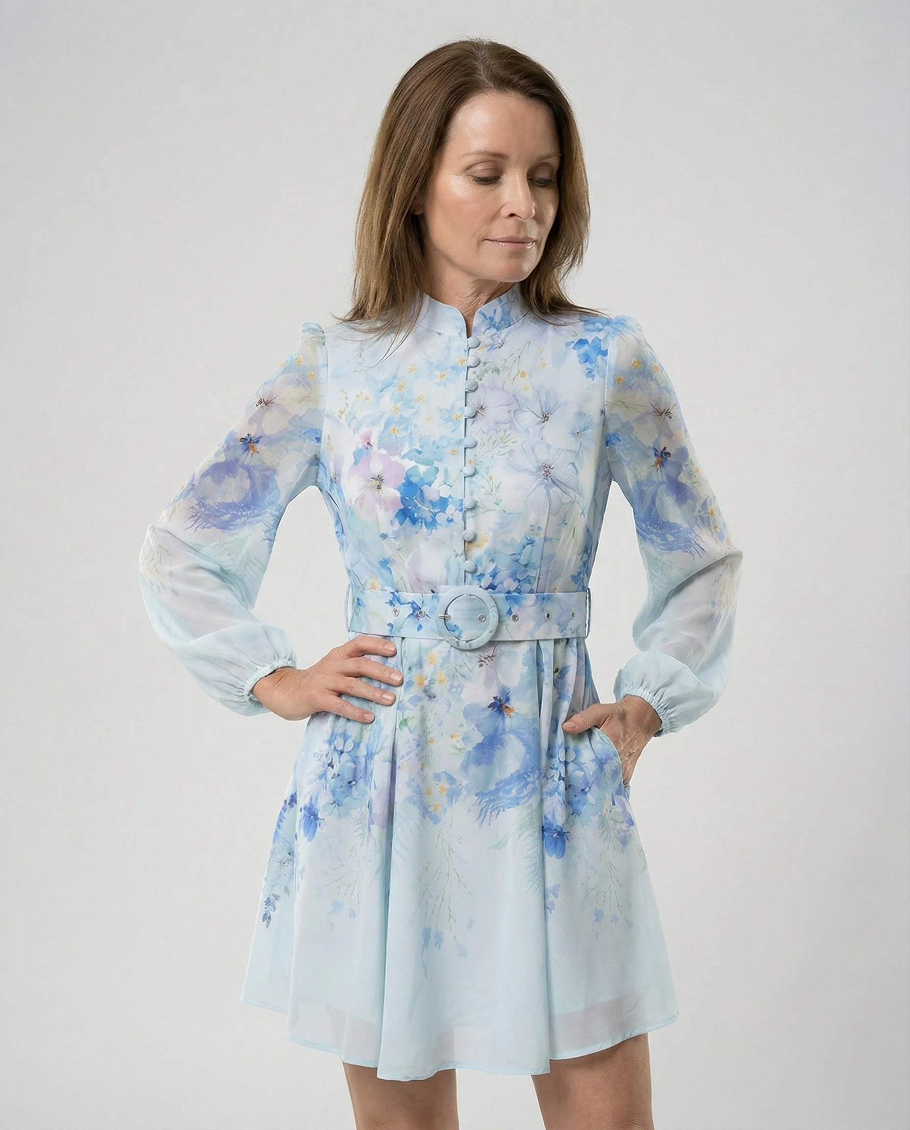 Kurzkleid Mit Stehkragen Und Gürtel Damen - Image 5