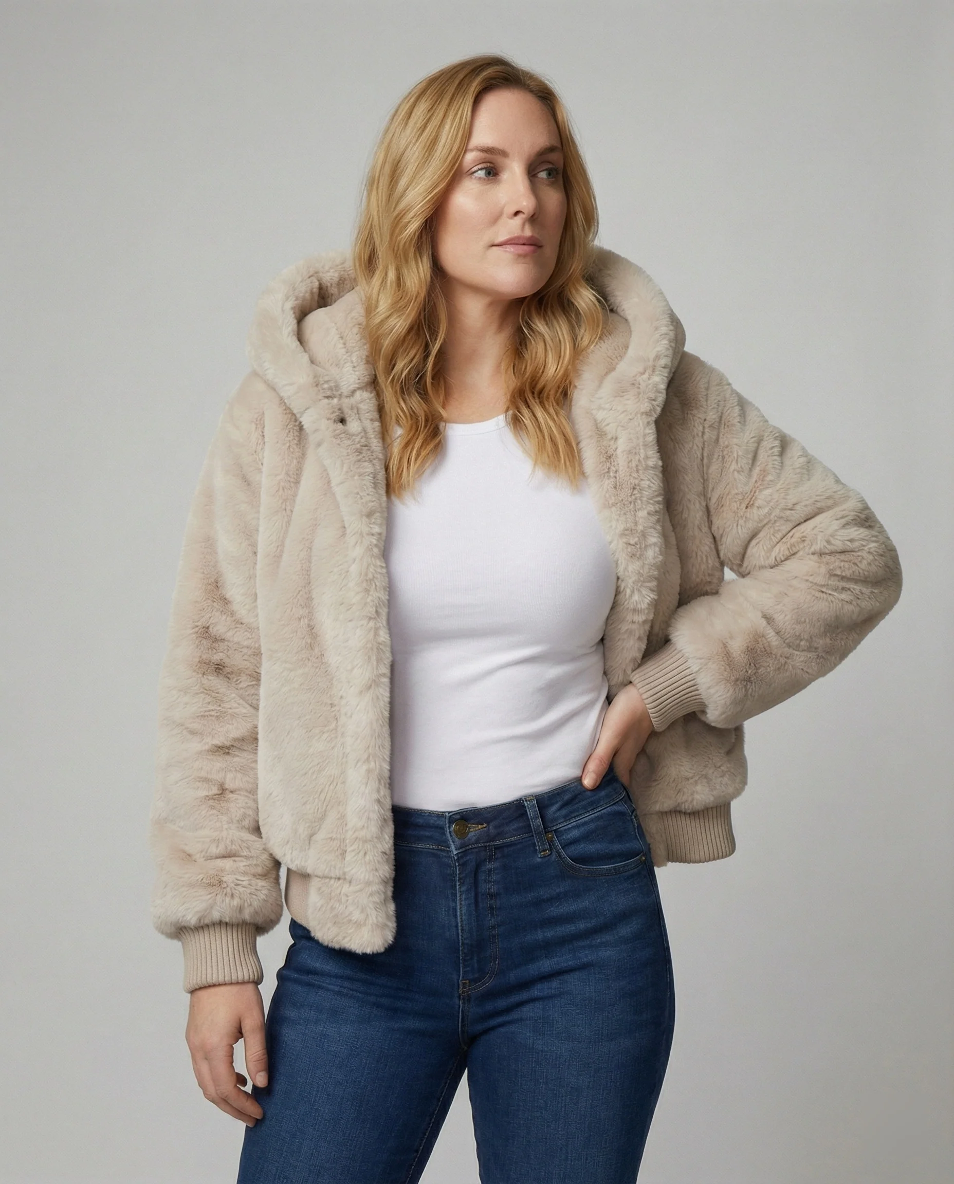 Kuschelige Teddy-Kapuzenjacke mit kastigem Schnitt, kurzem Saum und verdecktem Verschluss Heidi-Mode - Image 2