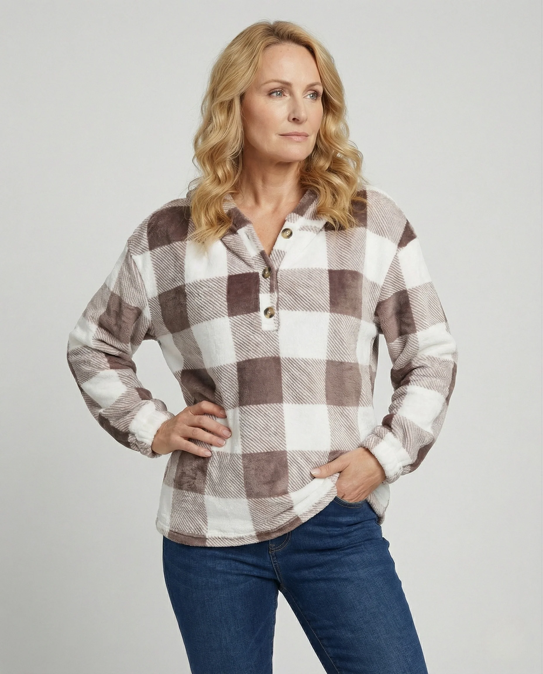 Damen Hoodie Fleece Karo - Image 2
