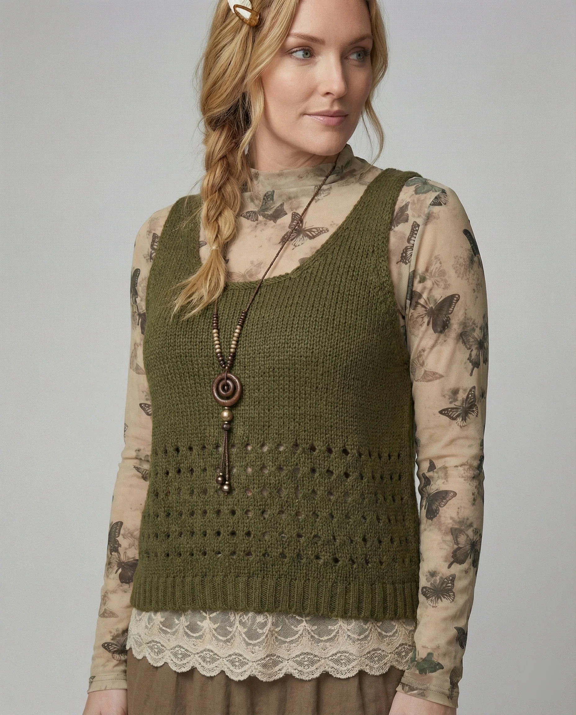 Lagenlook-Set mit Spitzenbluse, gehäkelter Strickweste und Stufenmaxirock Heidi Mode - Image 2