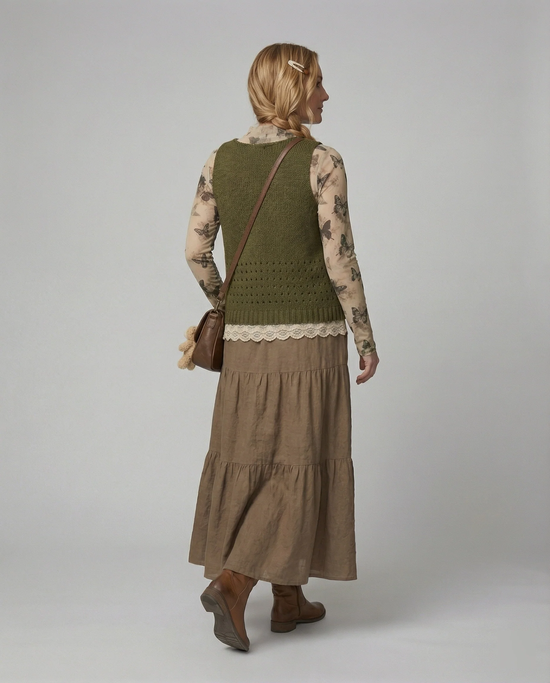 Lagenlook-Set mit Spitzenbluse, gehäkelter Strickweste und Stufenmaxirock Heidi Mode - Image 3