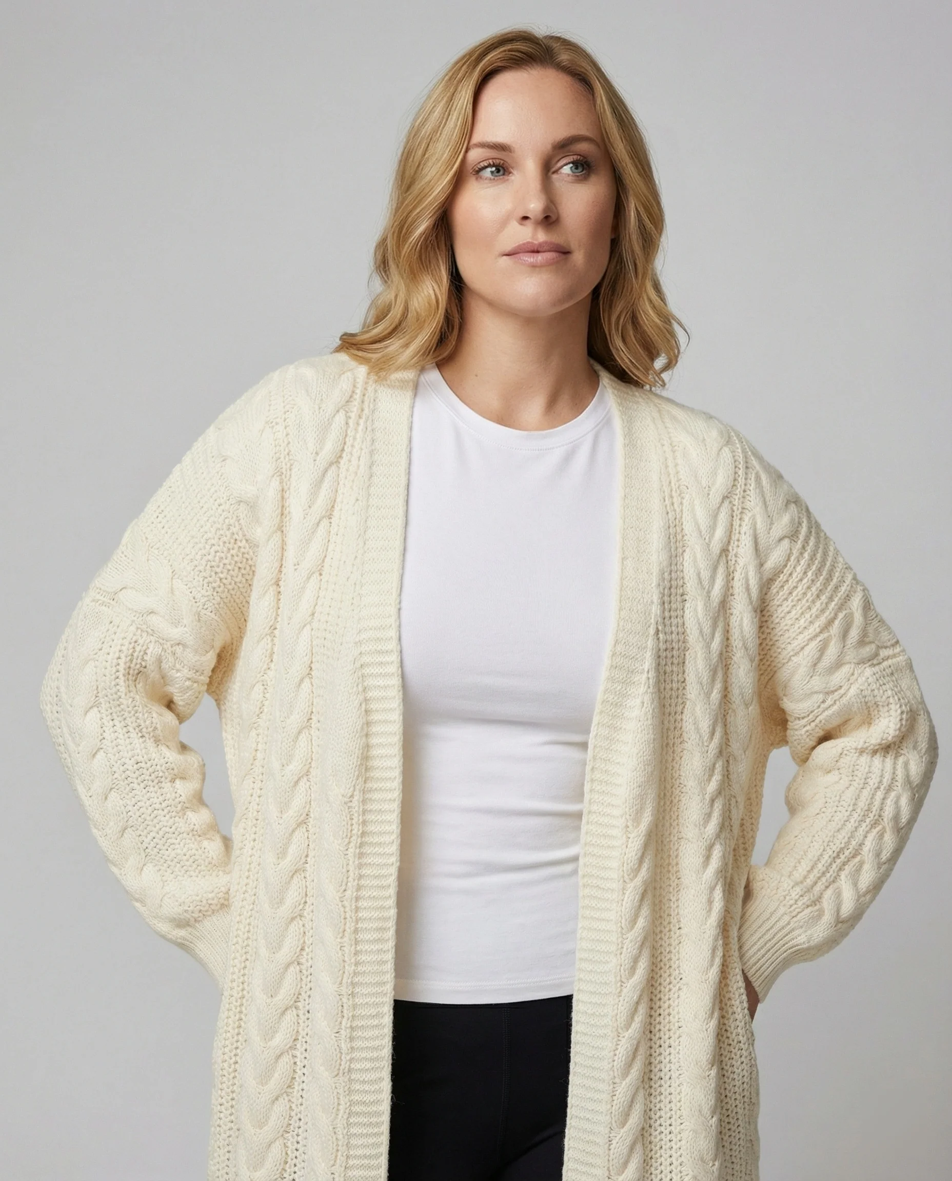 Lange offene Zopfmuster-Strickjacke mit überschnittener Schulter Heidi-Mode - Image 5