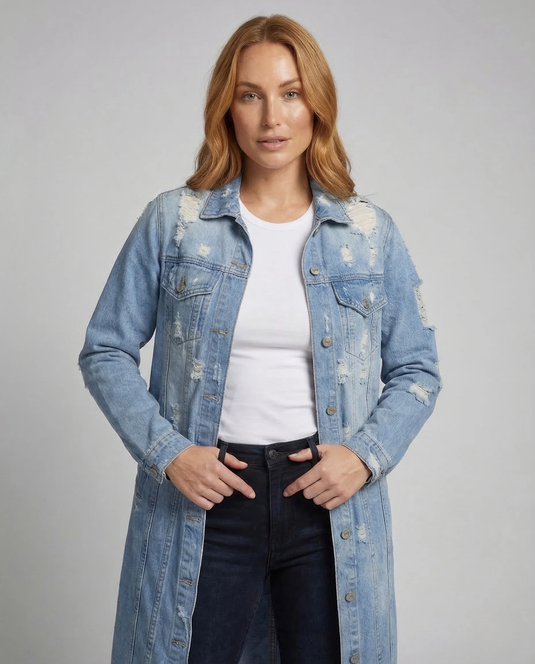 Damen Jeansmantel Lang Taschen - Image 2