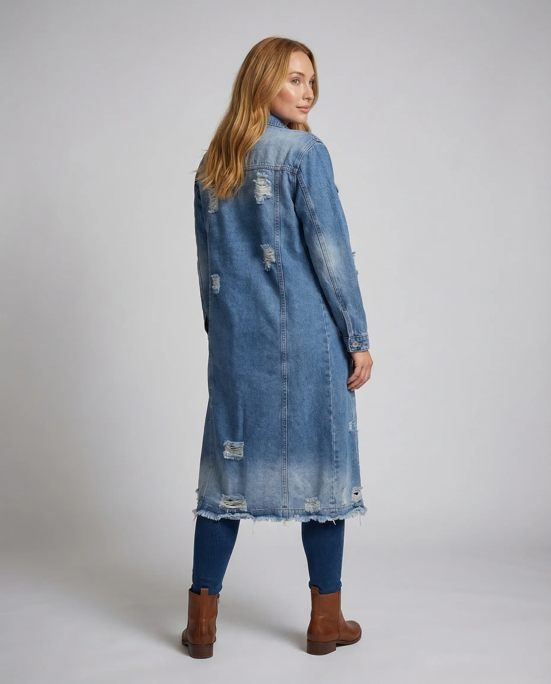 Damen Jeansmantel Lang Taschen - Image 4
